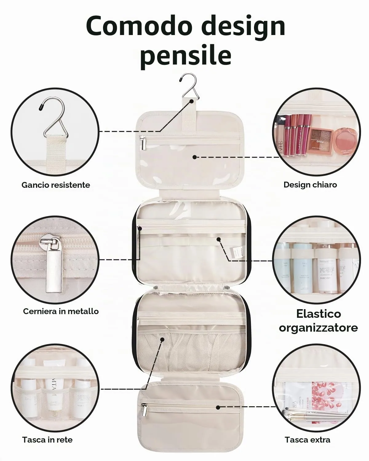 Narwey Beauty Case da Appendere Viaggio, Beauty Case da Appendere per Donna Uomo,Borsa da Toilette da Travel Kit Viaggio, Trousse Pochette Trucchi Donna per Viaggio (Nero (Medio)) - immagine 4