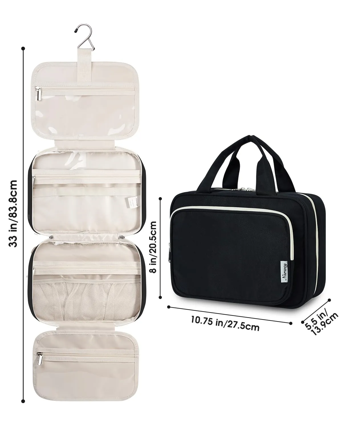 Narwey Beauty Case da Appendere Viaggio, Beauty Case da Appendere per Donna Uomo,Borsa da Toilette da Travel Kit Viaggio, Trousse Pochette Trucchi Donna per Viaggio (Nero (Medio)) - immagine 8