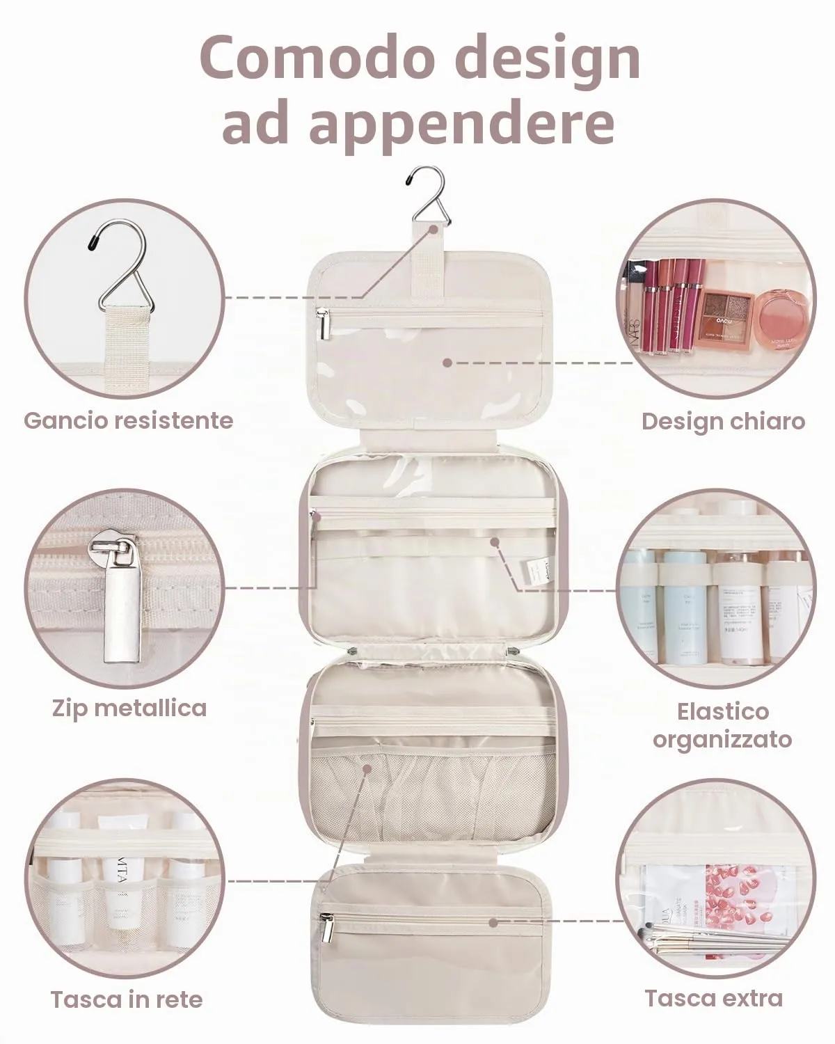 Narwey Beauty Case da Appendere Viaggio, Beauty Case da Appendere per Donna Uomo,Borsa da Toilette da Travel Kit Viaggio, Trousse Pochette Trucchi Donna per Viaggio (Rosa (Medio)) - immagine 4