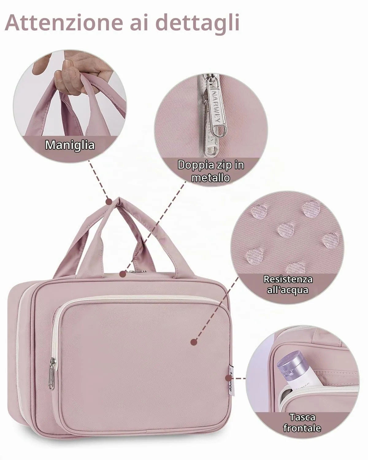Narwey Beauty Case da Appendere Viaggio, Beauty Case da Appendere per Donna Uomo,Borsa da Toilette da Travel Kit Viaggio, Trousse Pochette Trucchi Donna per Viaggio (Rosa (Medio)) - immagine 7