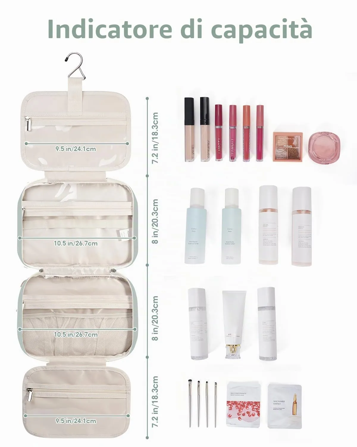 Narwey Beauty Case da Appendere Viaggio, Beauty Case da Appendere per Donna Uomo,Borsa da Toilette da Travel Kit Viaggio, Trousse Pochette Trucchi Donna per Viaggio (Menta Verde (Medio)) - immagine 3