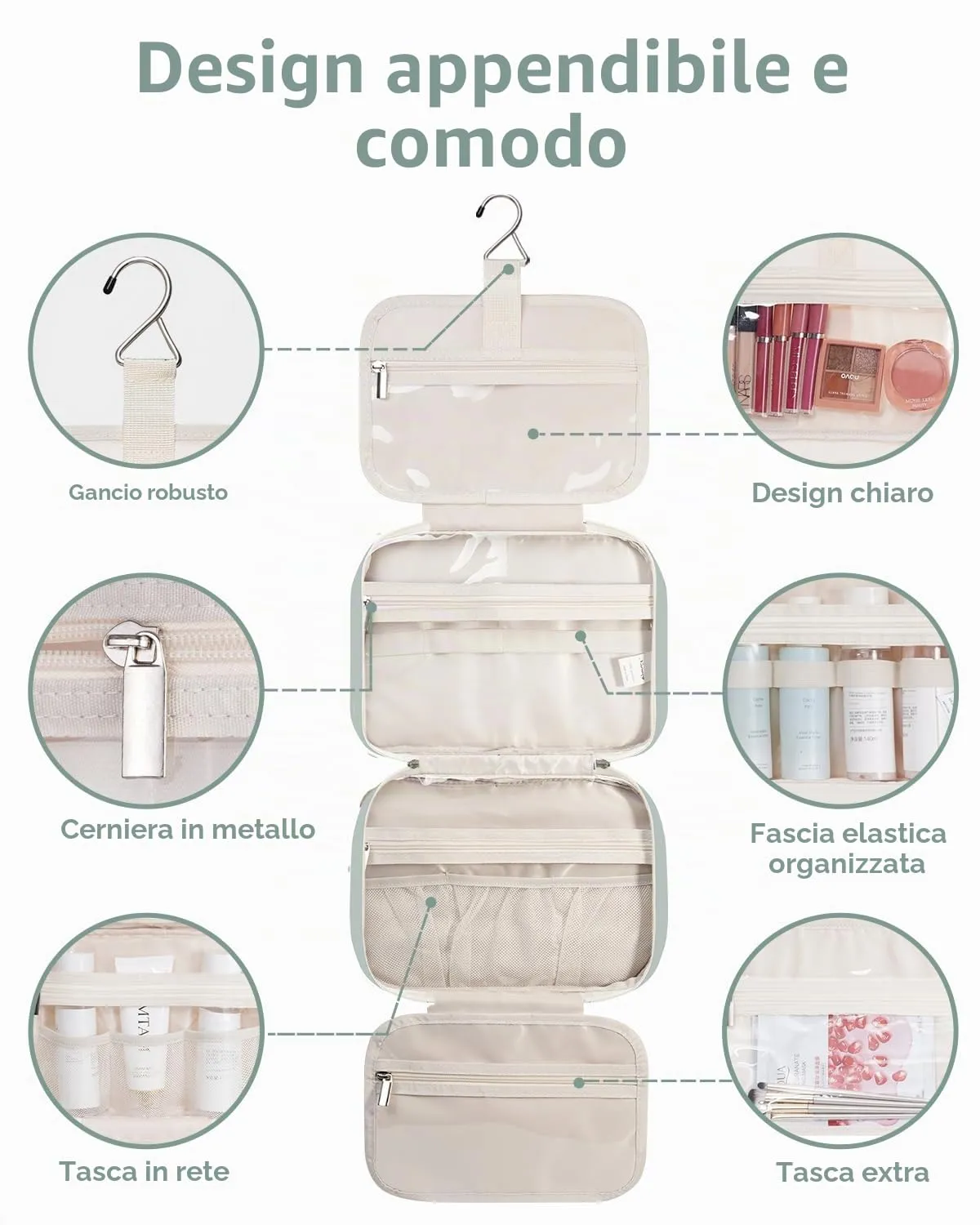 Narwey Beauty Case da Appendere Viaggio, Beauty Case da Appendere per Donna Uomo,Borsa da Toilette da Travel Kit Viaggio, Trousse Pochette Trucchi Donna per Viaggio (Menta Verde (Medio)) - immagine 4