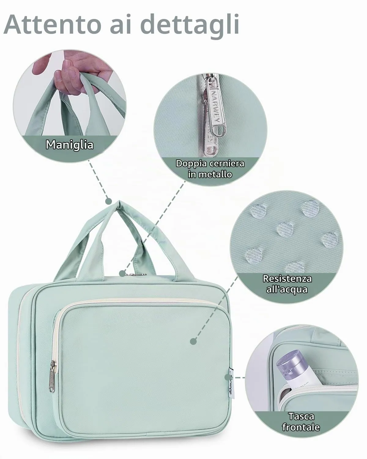 Narwey Beauty Case da Appendere Viaggio, Beauty Case da Appendere per Donna Uomo,Borsa da Toilette da Travel Kit Viaggio, Trousse Pochette Trucchi Donna per Viaggio (Menta Verde (Medio)) - immagine 7