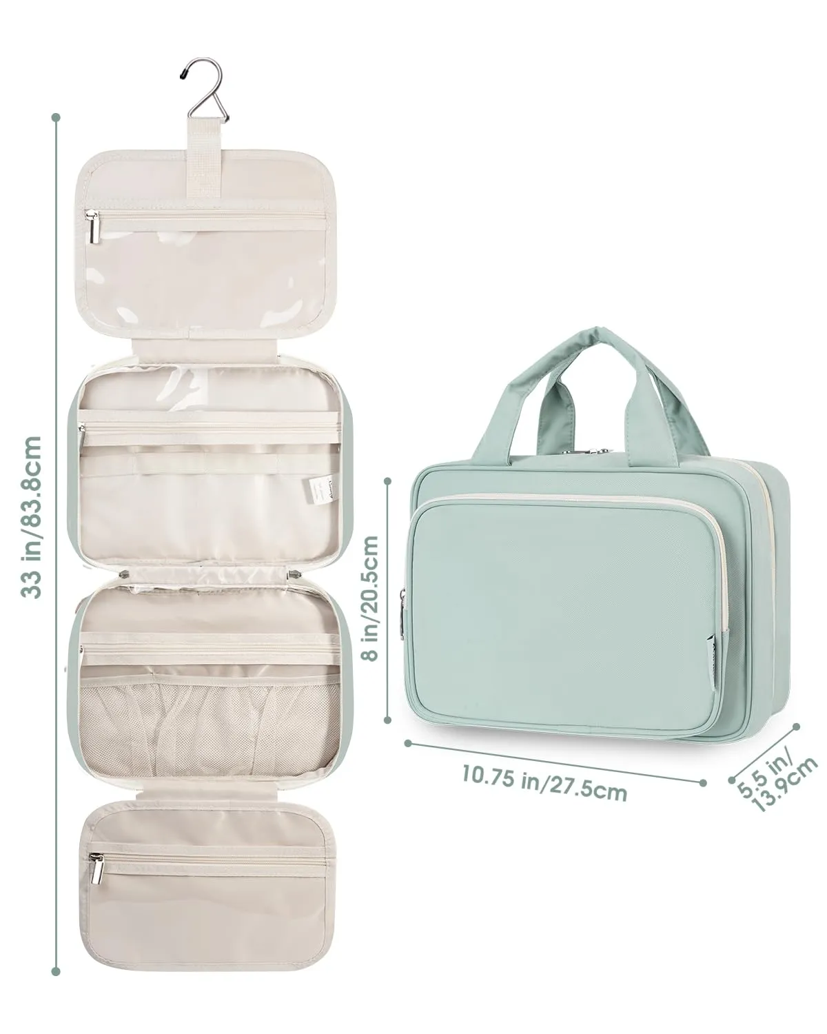 Narwey Beauty Case da Appendere Viaggio, Beauty Case da Appendere per Donna Uomo,Borsa da Toilette da Travel Kit Viaggio, Trousse Pochette Trucchi Donna per Viaggio (Menta Verde (Medio)) - immagine 8