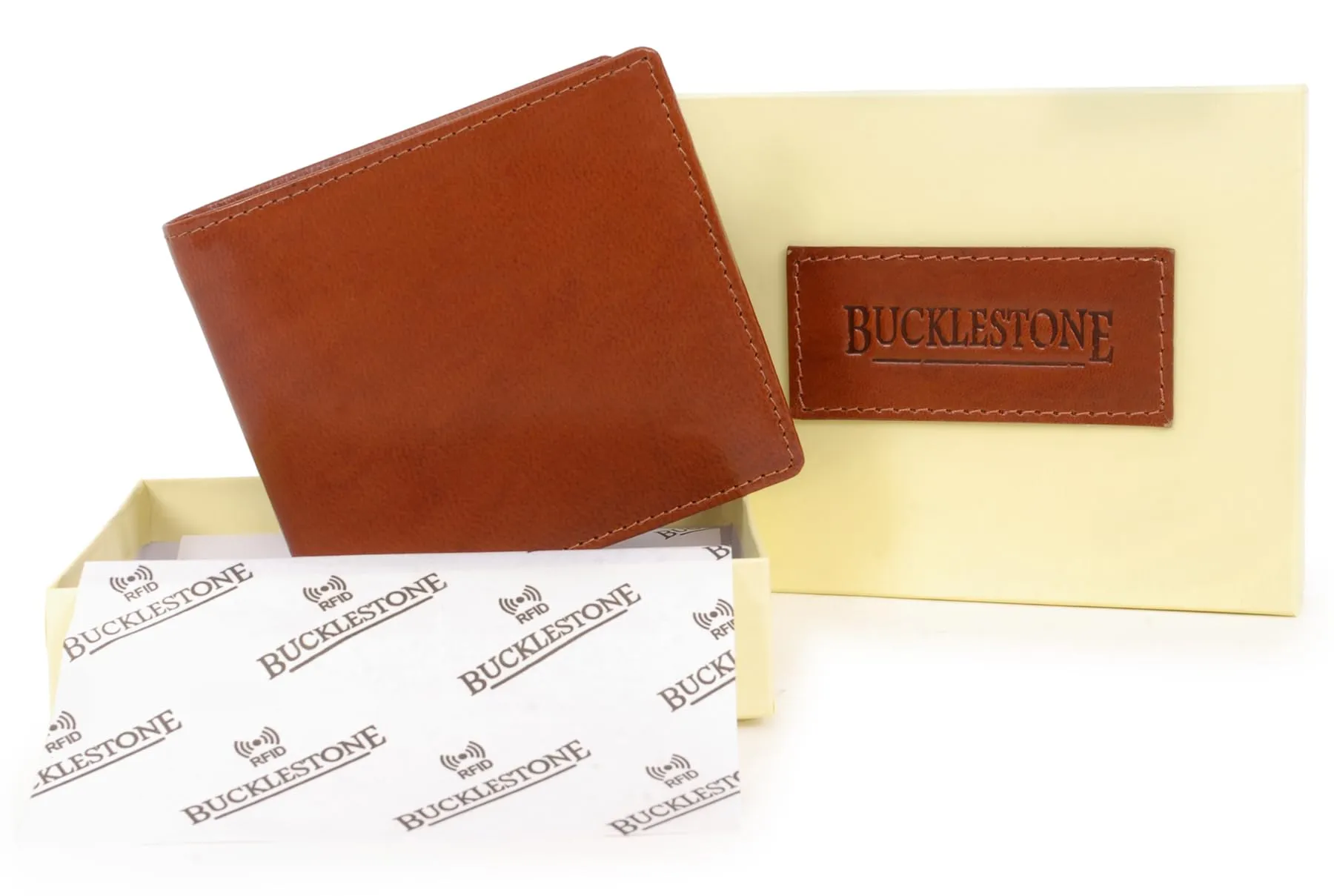 Bucklestone - Portafoglio Uomo Piccolo Slim in Pelle - Porta Carte di Credito a Due Pieghe - Protezione RFID - Scatola Regalo - Oxford Marrone Chiaro - immagine 3