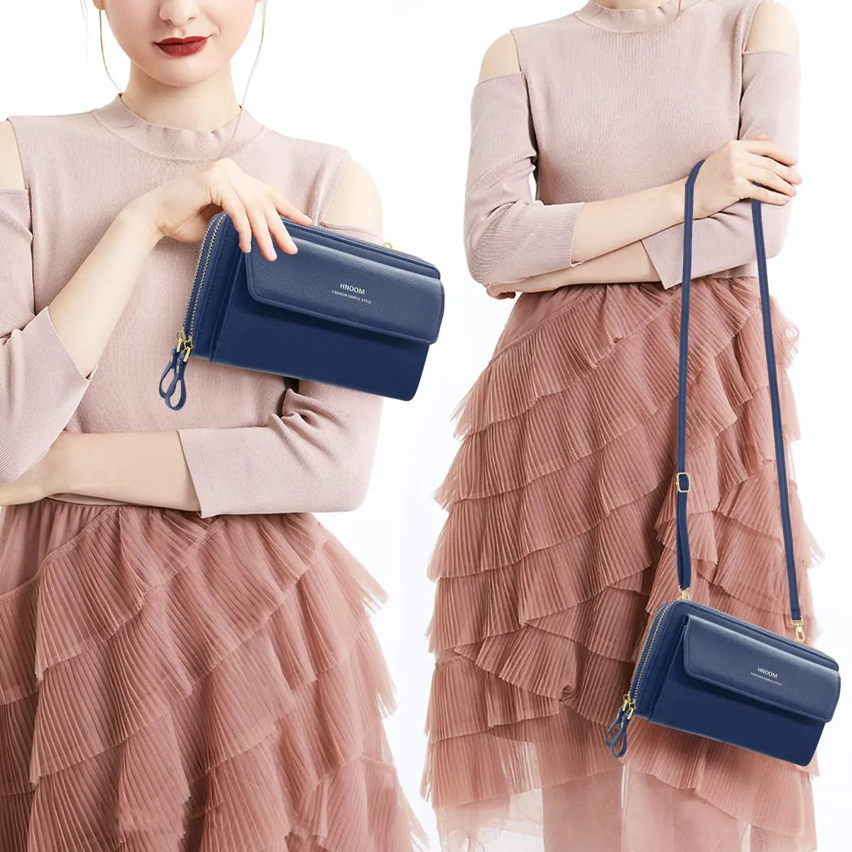 HNOOM Borsa per cellulare da donna, a portafoglio, in pelle PU, a tracolla, da donna, con tracolla, per telefono, con porta carta, tracolla, Blu scuro, Elegante - immagine 2