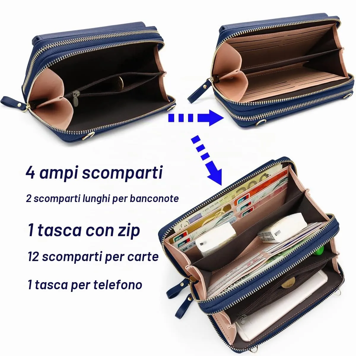 HNOOM Borsa per cellulare da donna, a portafoglio, in pelle PU, a tracolla, da donna, con tracolla, per telefono, con porta carta, tracolla, Blu scuro, Elegante - immagine 4