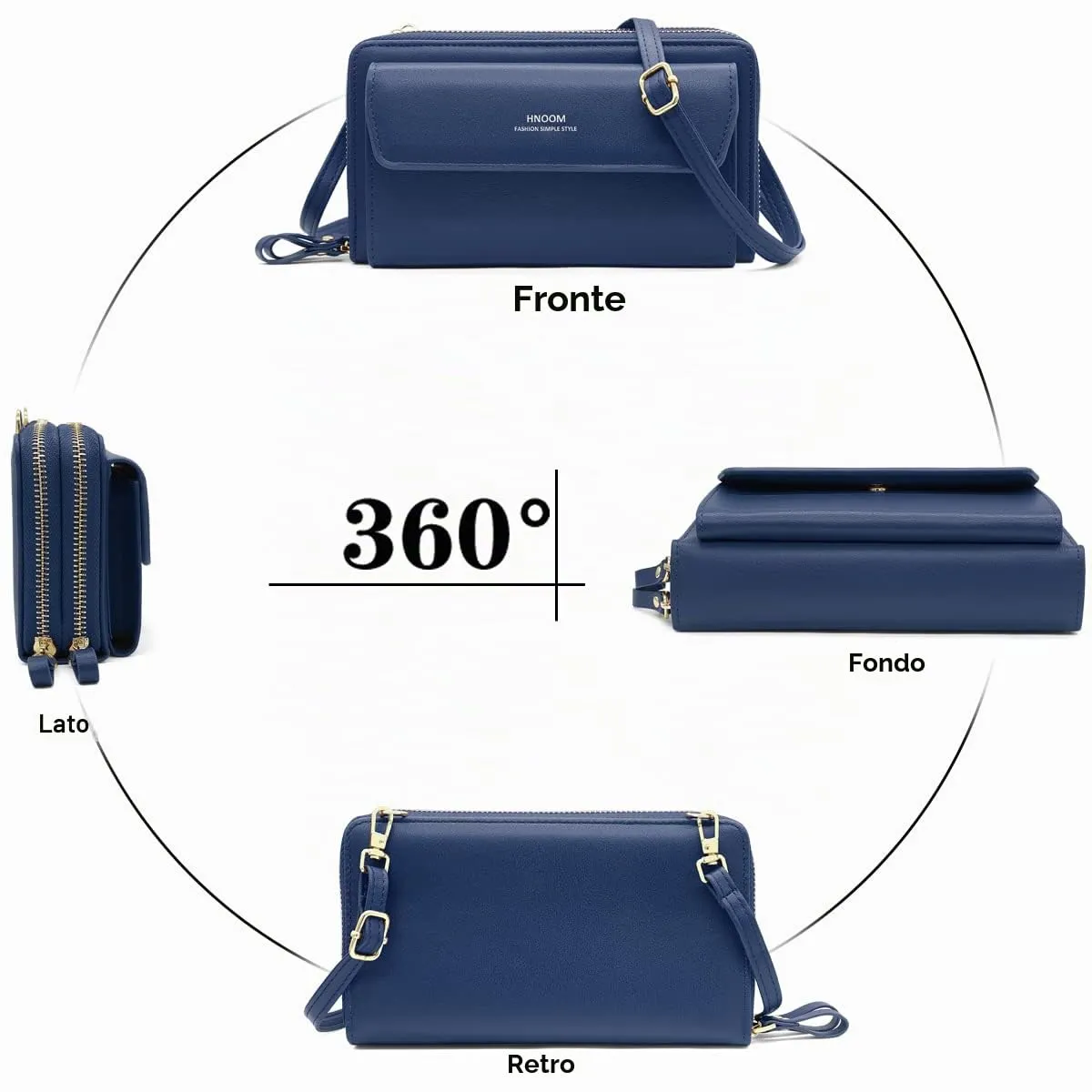 HNOOM Borsa per cellulare da donna, a portafoglio, in pelle PU, a tracolla, da donna, con tracolla, per telefono, con porta carta, tracolla, Blu scuro, Elegante - immagine 5