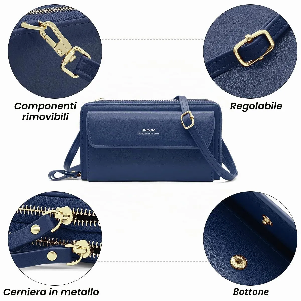 HNOOM Borsa per cellulare da donna, a portafoglio, in pelle PU, a tracolla, da donna, con tracolla, per telefono, con porta carta, tracolla, Blu scuro, Elegante - immagine 6