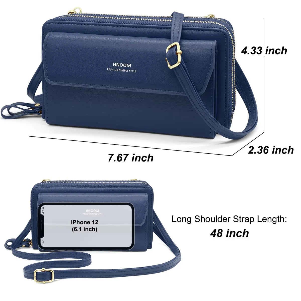 HNOOM Borsa per cellulare da donna, a portafoglio, in pelle PU, a tracolla, da donna, con tracolla, per telefono, con porta carta, tracolla, Blu scuro, Elegante - immagine 7