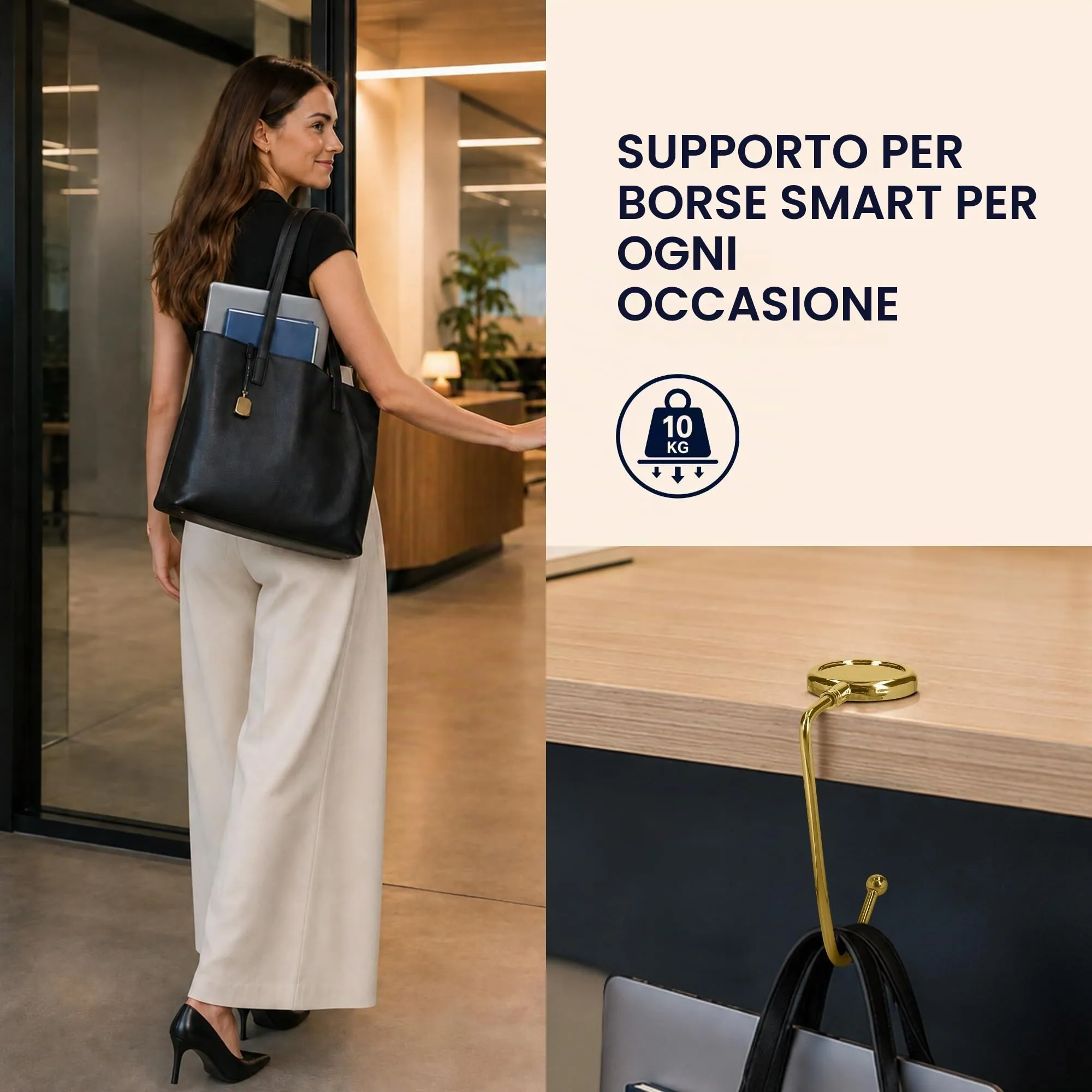 kwmobile 2x Gancio Borsa da Tavolo - Appendi Borsa in Alluminio Antiscivolo Antigraffio - Set Appendiborsa per Tavoli e Scrivanie max. 3kg - oro - immagine 2