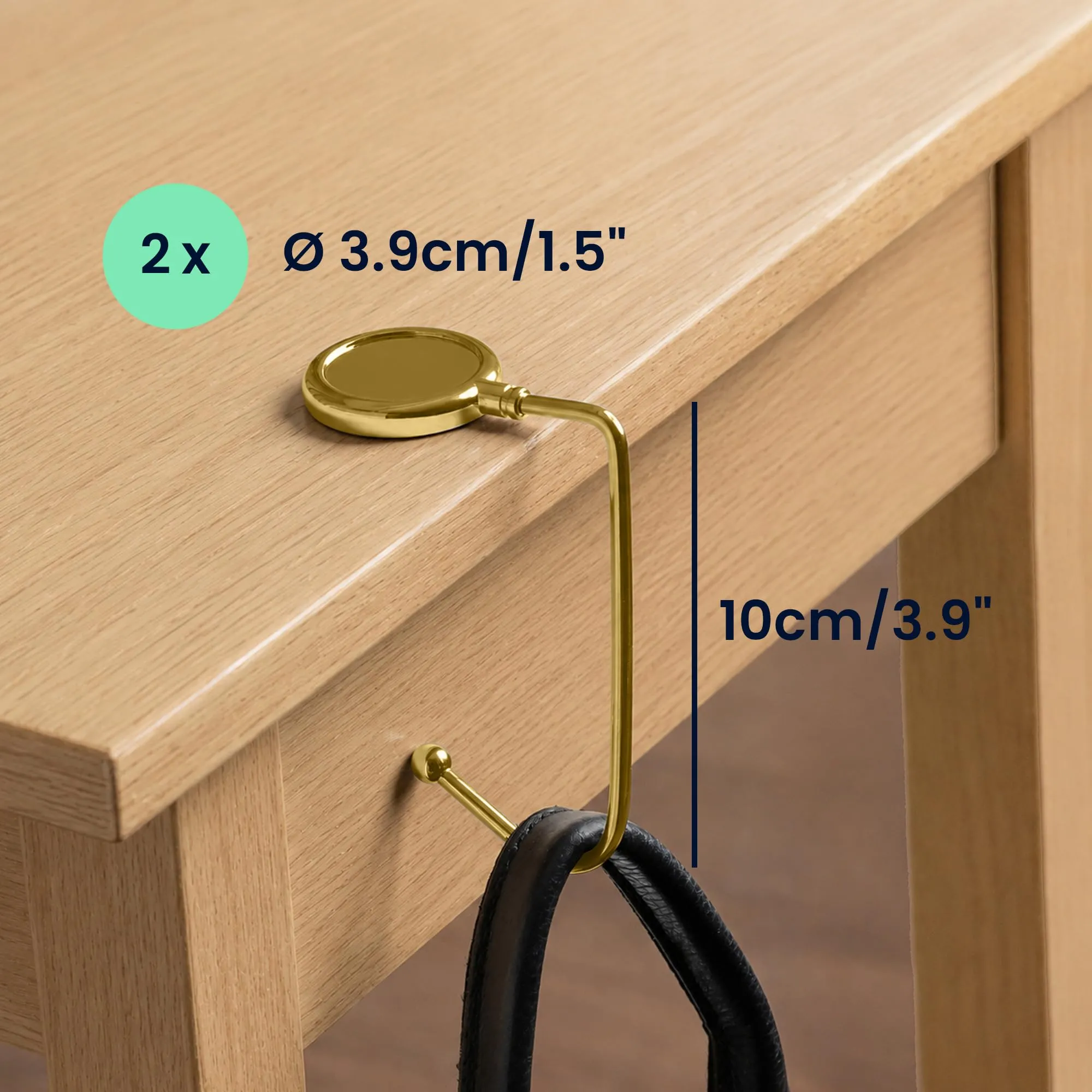 kwmobile 2x Gancio Borsa da Tavolo - Appendi Borsa in Alluminio Antiscivolo Antigraffio - Set Appendiborsa per Tavoli e Scrivanie max. 3kg - oro - immagine 3
