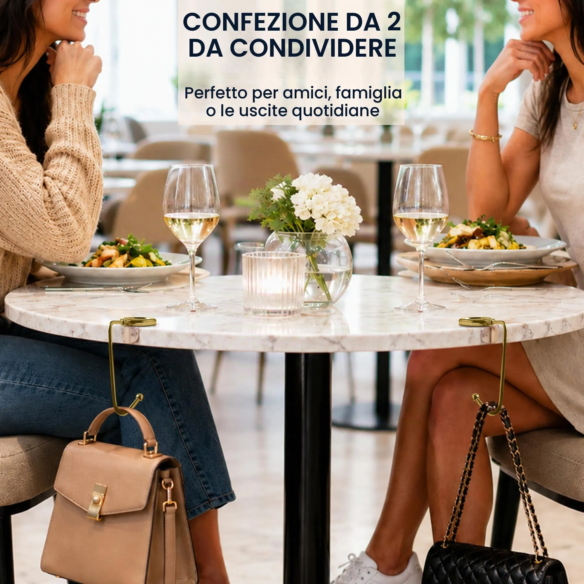 kwmobile 2x Gancio Borsa da Tavolo - Appendi Borsa in Alluminio Antiscivolo Antigraffio - Set Appendiborsa per Tavoli e Scrivanie max. 3kg - oro - immagine 4