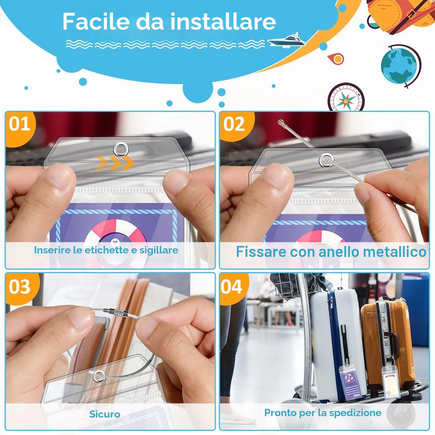 Etichette per Bagagli per Crociere, Etichette per Valigie Crociere Aida Robusta in PVC Impermeabile Trasparente per Mein Schiff, Etichetta per Bagagli Crociera con Nastro Metallico Avvitabile (6) - immagine 6