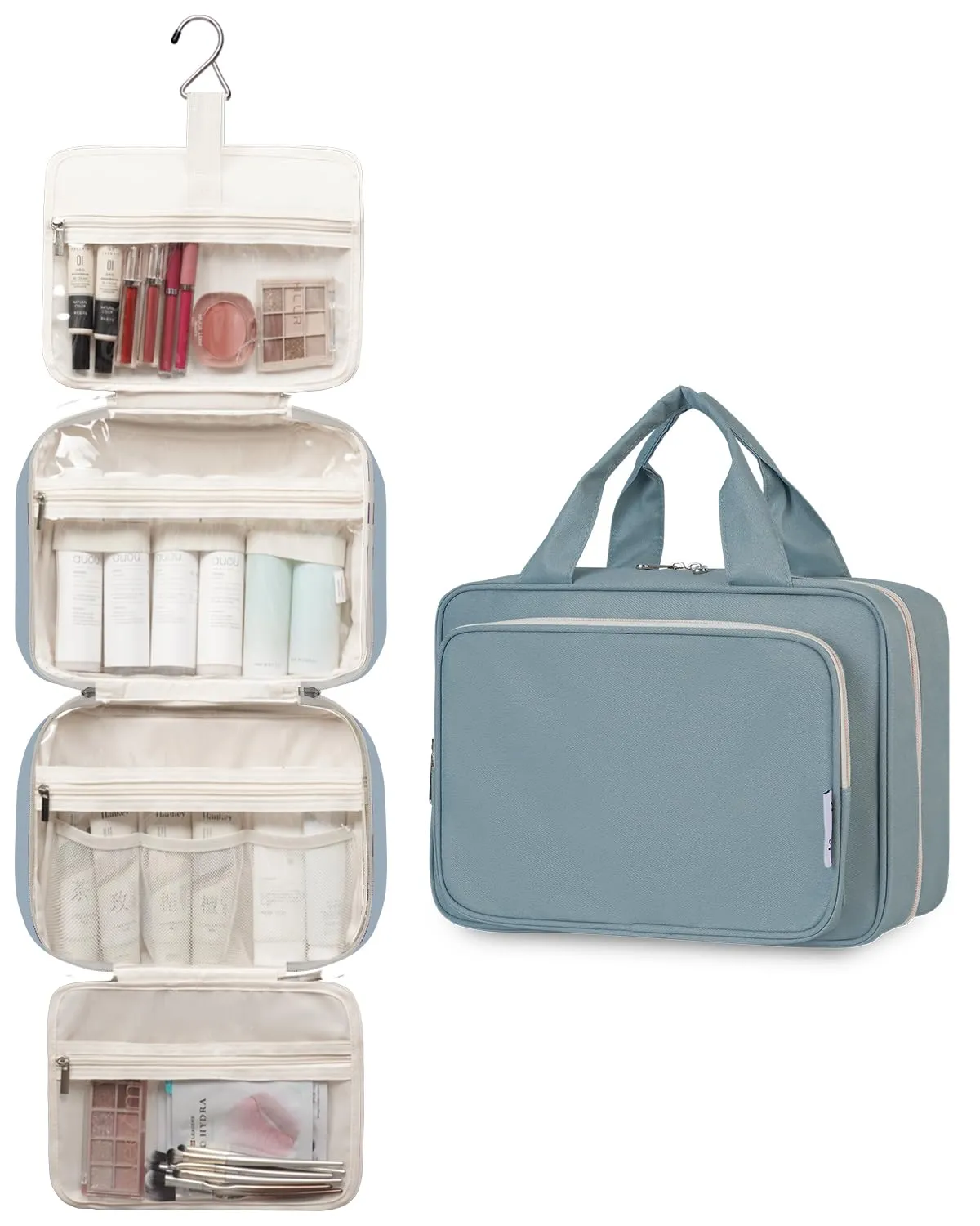 Narwey Beauty Case da Grande Viaggio, Beauty Case da Appendere per Donna Uomo,Borsa da Toilette da Travel Kit Viaggio, Grande Trousse Pochette Trucchi Donna per Viaggio (Blu Grigio (Grande)) - immagine 4
