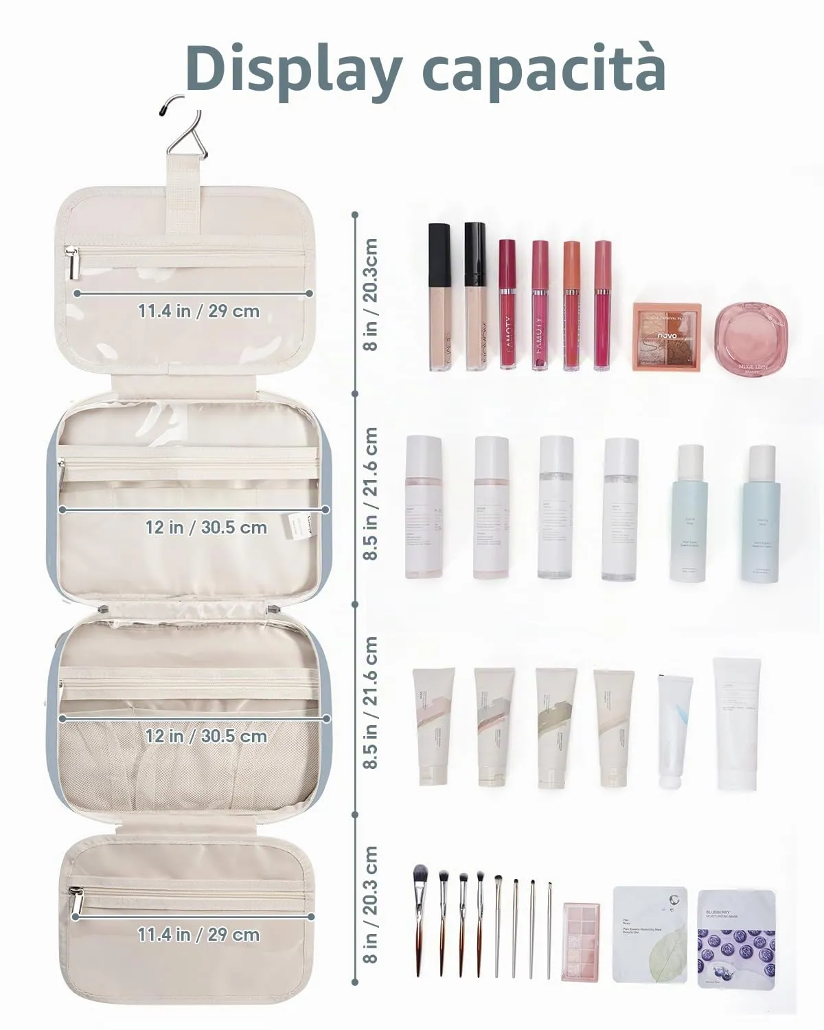 Narwey Beauty Case da Grande Viaggio, Beauty Case da Appendere per Donna Uomo,Borsa da Toilette da Travel Kit Viaggio, Grande Trousse Pochette Trucchi Donna per Viaggio (Blu Grigio (Grande)) - immagine 5