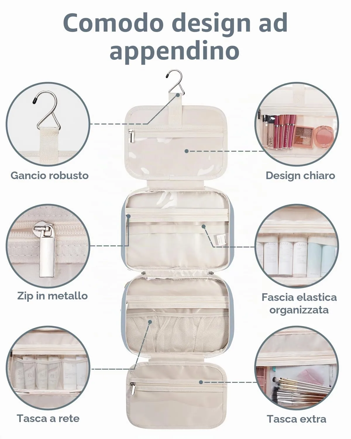 Narwey Beauty Case da Grande Viaggio, Beauty Case da Appendere per Donna Uomo,Borsa da Toilette da Travel Kit Viaggio, Grande Trousse Pochette Trucchi Donna per Viaggio (Blu Grigio (Grande)) - immagine 6