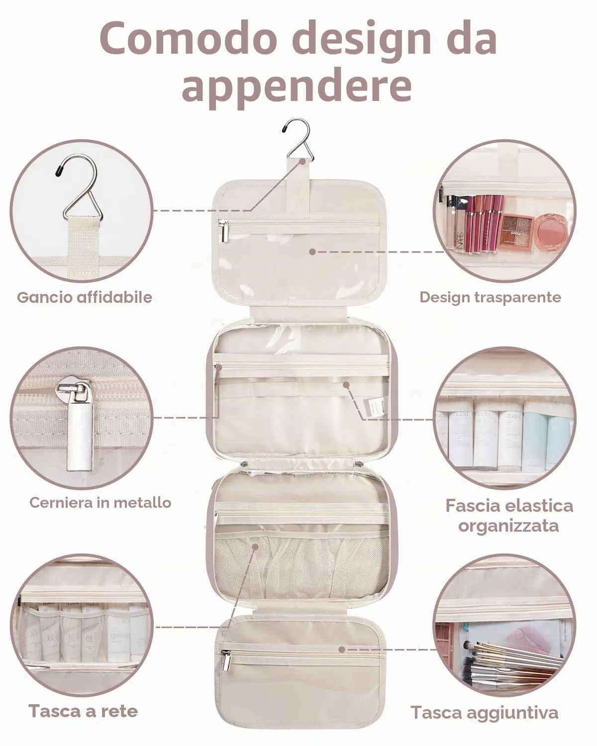 Narwey Beauty Case da Grande Viaggio, Beauty Case da Appendere per Donna Uomo,Borsa da Toilette da Travel Kit Viaggio, Grande Trousse Pochette Trucchi Donna per Viaggio (Rosa (Grande)) - immagine 6