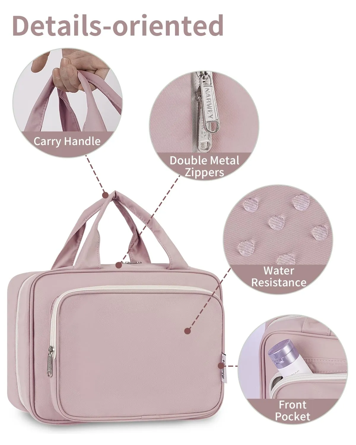 Narwey Beauty Case da Grande Viaggio, Beauty Case da Appendere per Donna Uomo,Borsa da Toilette da Travel Kit Viaggio, Grande Trousse Pochette Trucchi Donna per Viaggio (Rosa (Grande)) - immagine 7
