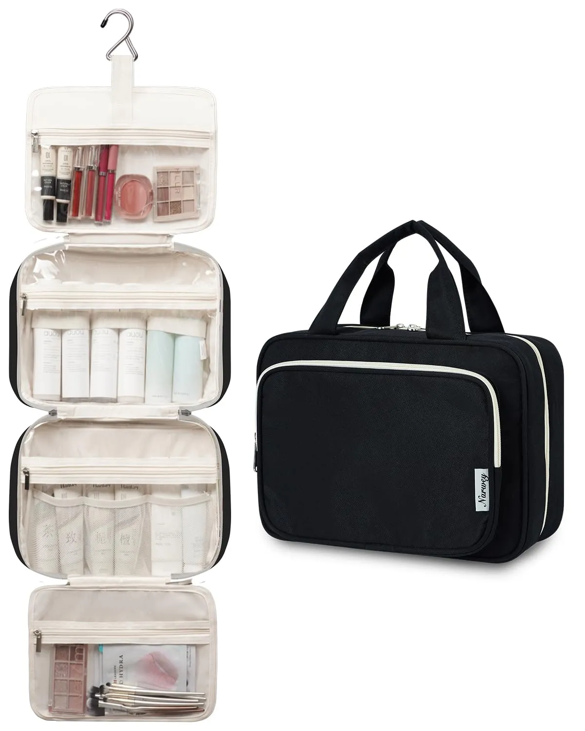 Narwey Beauty Case da Grande Viaggio, Beauty Case da Appendere per Donna Uomo,Borsa da Toilette da Travel Kit Viaggio, Grande Trousse Pochette Trucchi Donna per Viaggio (Nero (Grande)) - immagine 4