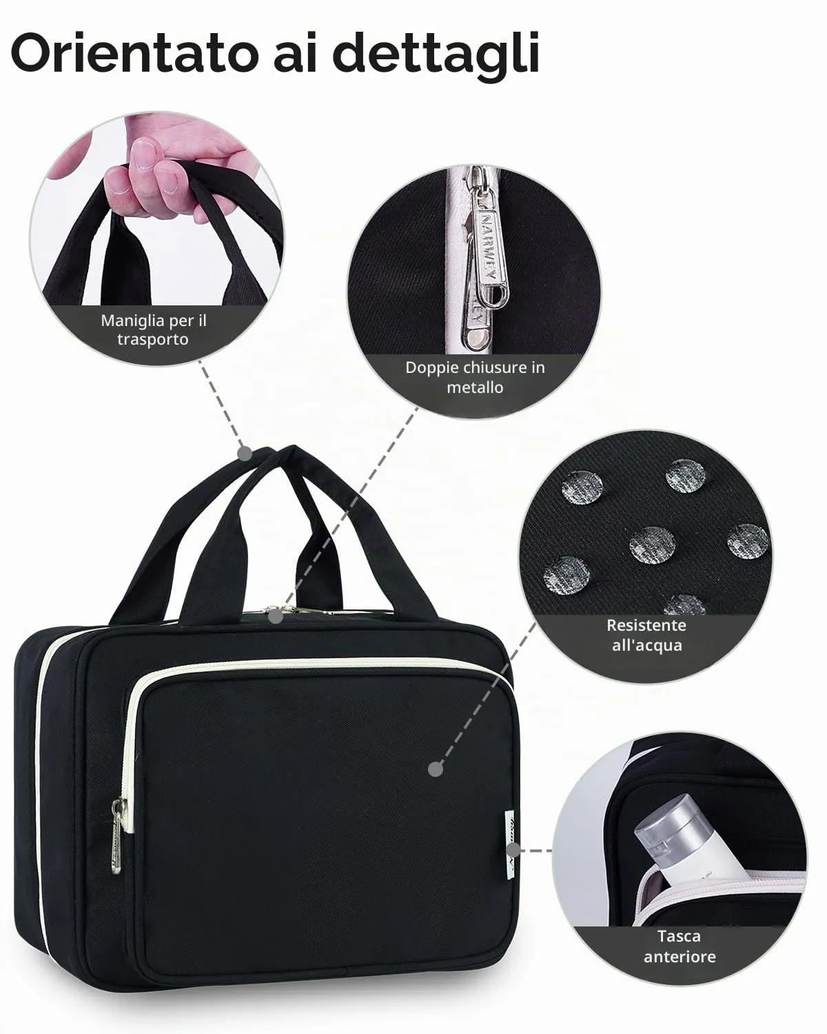 Narwey Beauty Case da Grande Viaggio, Beauty Case da Appendere per Donna Uomo,Borsa da Toilette da Travel Kit Viaggio, Grande Trousse Pochette Trucchi Donna per Viaggio (Nero (Grande)) - immagine 7