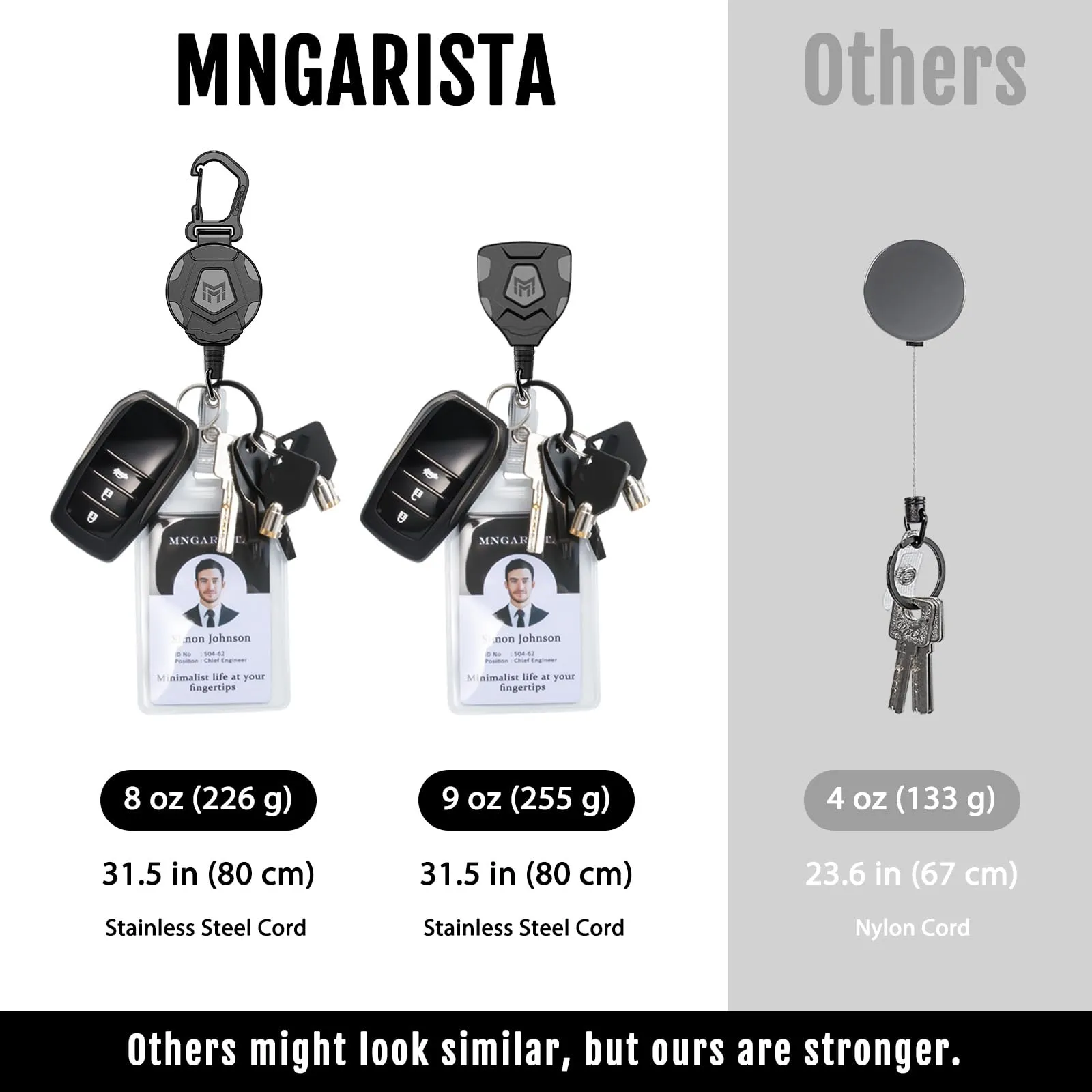 MNGARISTA Portachiavi retrattile per impieghi gravosi, versione con clip da cintura e moschettone, 226,8 g di ritrazione, 80 cm di corda d'acciaio, avvolgitore di badge, confezione da 2 pz - immagine 4