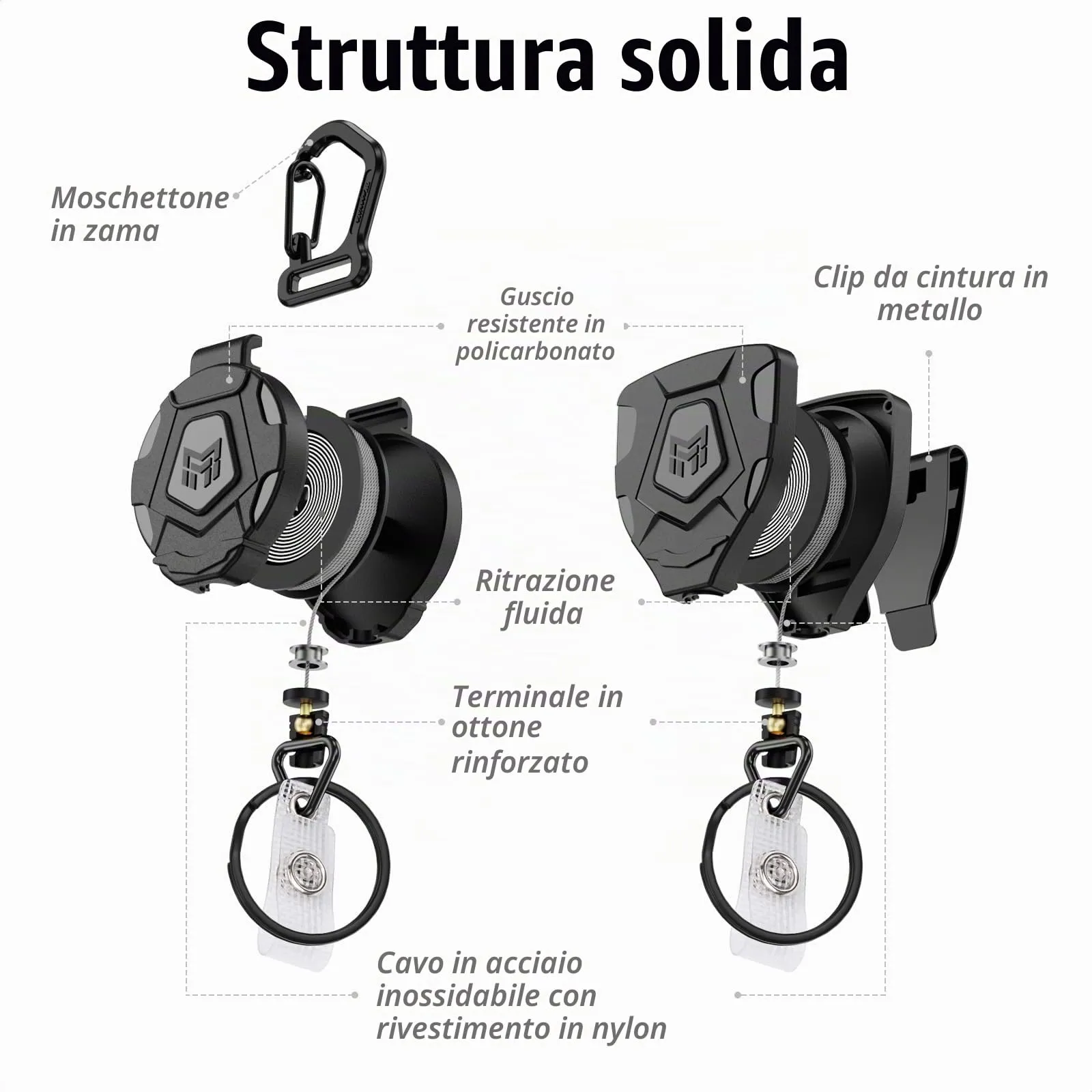 MNGARISTA Portachiavi retrattile per impieghi gravosi, versione con clip da cintura e moschettone, 226,8 g di ritrazione, 80 cm di corda d'acciaio, avvolgitore di badge, confezione da 2 pz - immagine 6