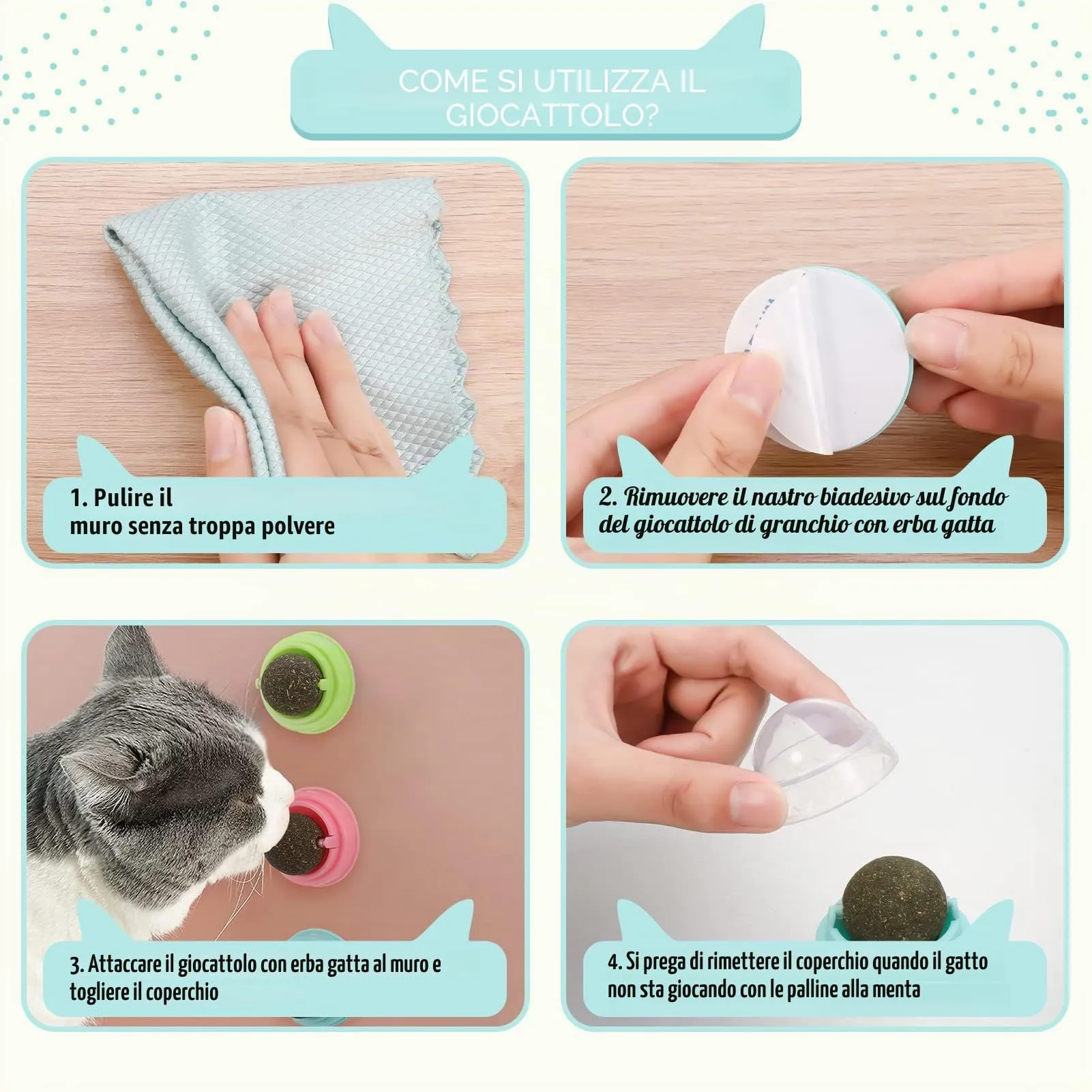 Xinstroe Set di 4 palline di erba gatta, giocattolo girevole, erba gatta, palline da parete, giocattoli per gatti - immagine 5
