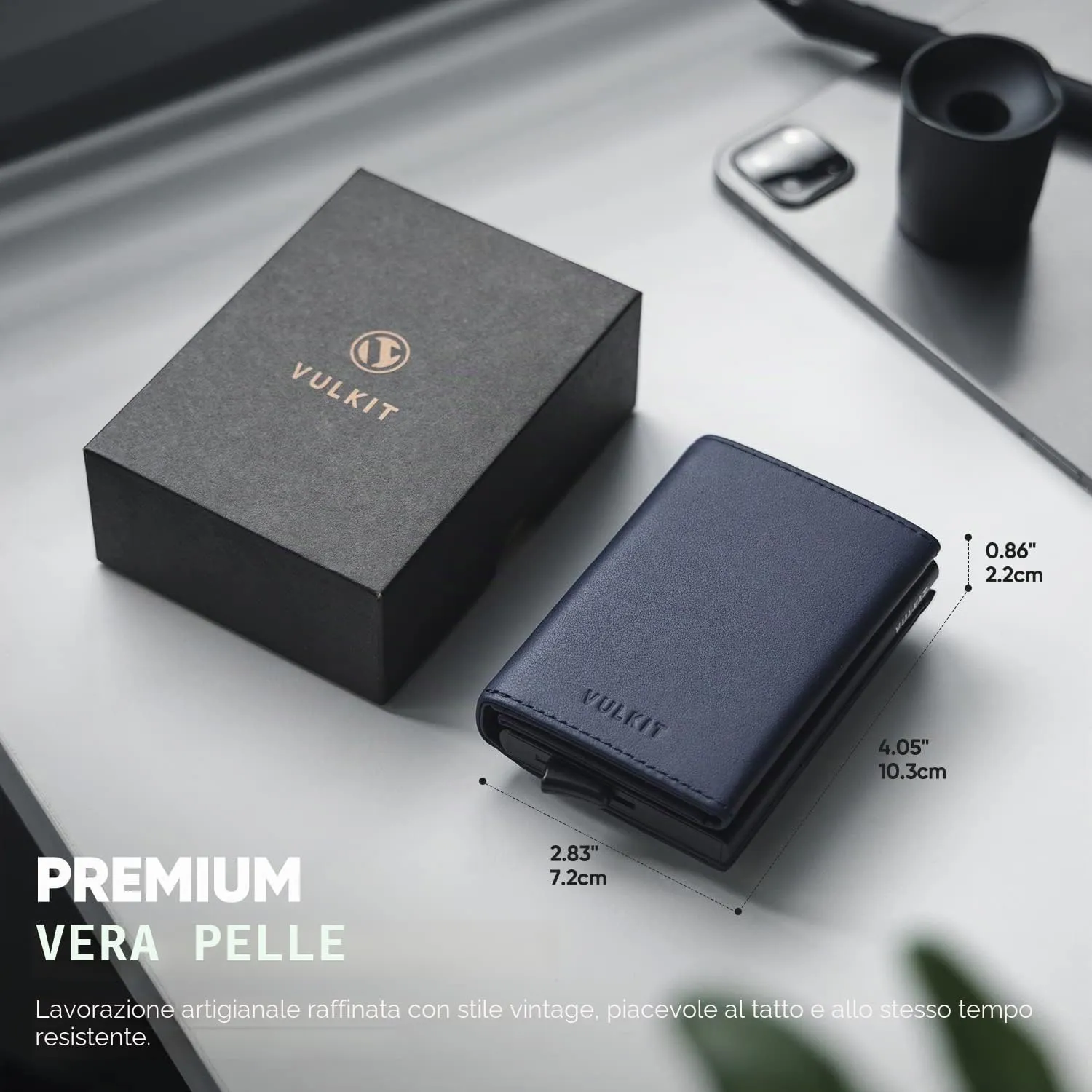 VULKIT Portafoglio da Uomo Porta Carte di Credito Porta Carte Pop-up Vera Pelle Bovina Top-Grain Blocco RFID con Scomparto Banconote, Finestra ID e Chiusura Magnetica - immagine 2