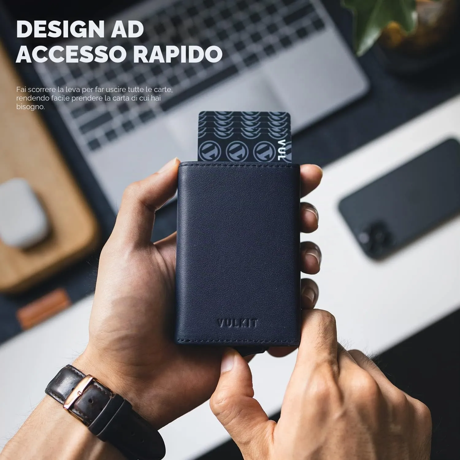 VULKIT Portafoglio da Uomo Porta Carte di Credito Porta Carte Pop-up Vera Pelle Bovina Top-Grain Blocco RFID con Scomparto Banconote, Finestra ID e Chiusura Magnetica - immagine 3