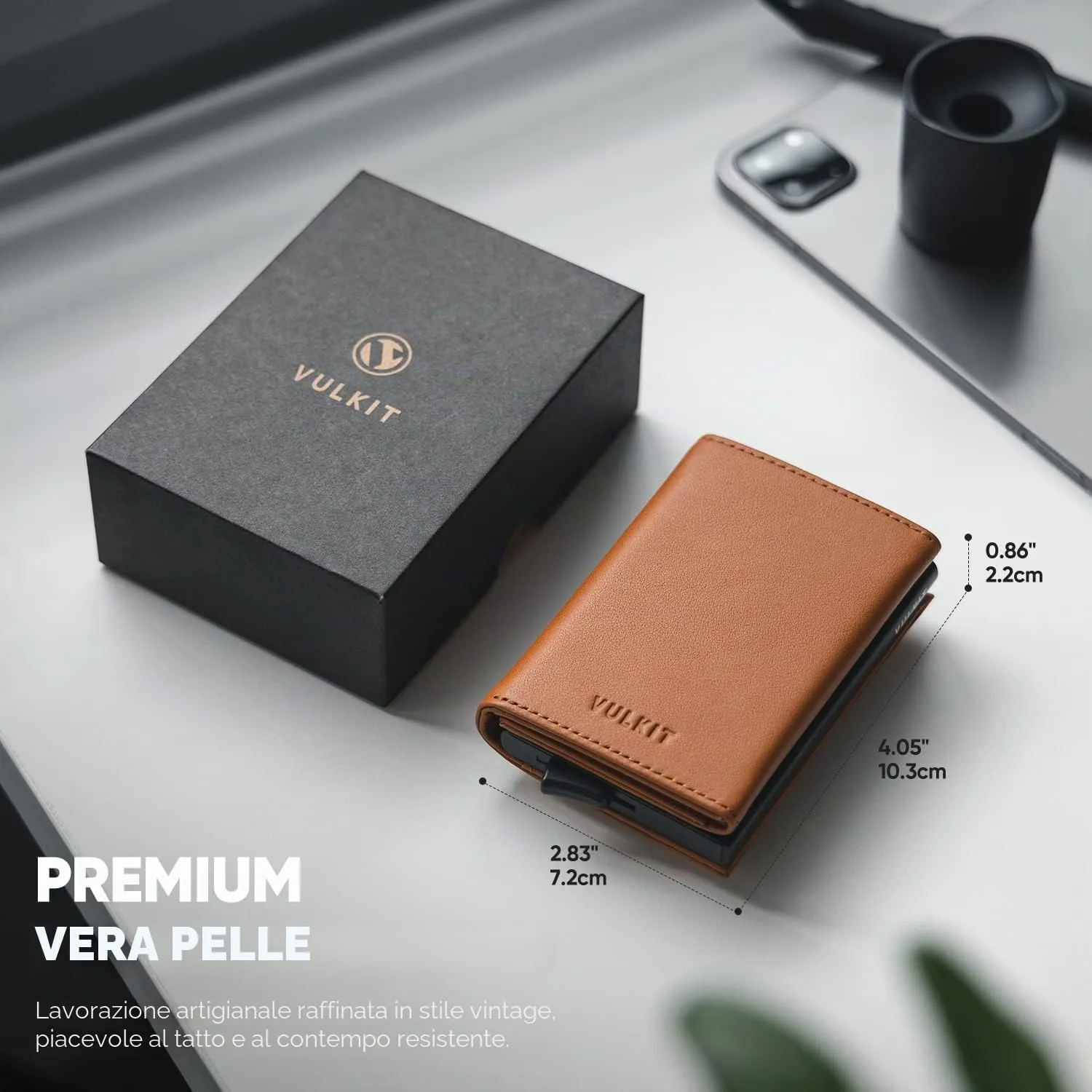VULKIT Portafoglio da Uomo Porta Carte di Credito Porta Carte Pop-up Vera Pelle Bovina Top-Grain Blocco RFID con Scomparto Banconote, Finestra ID e Chiusura Magnetica - immagine 2