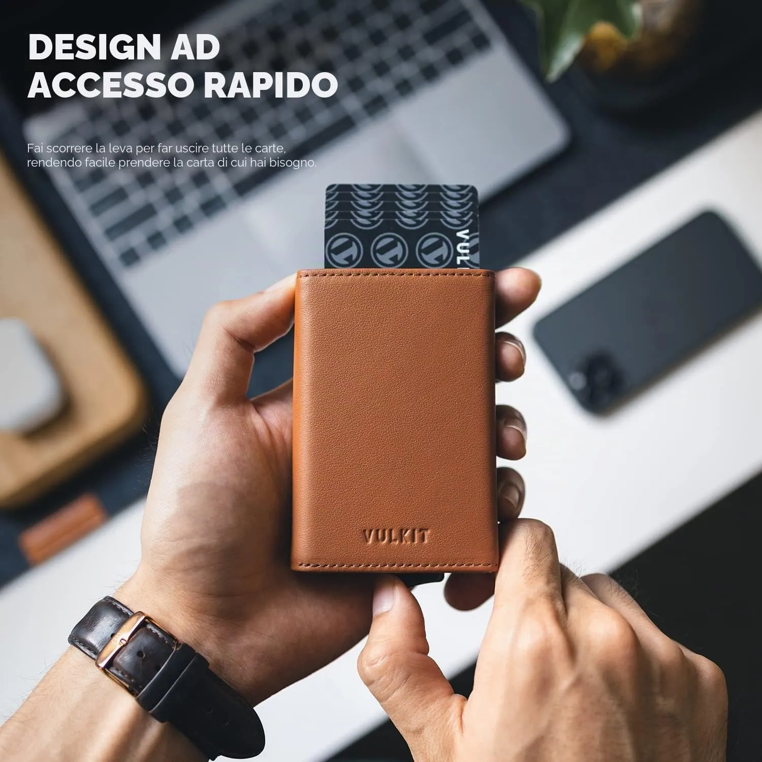 VULKIT Portafoglio da Uomo Porta Carte di Credito Porta Carte Pop-up Vera Pelle Bovina Top-Grain Blocco RFID con Scomparto Banconote, Finestra ID e Chiusura Magnetica - immagine 3