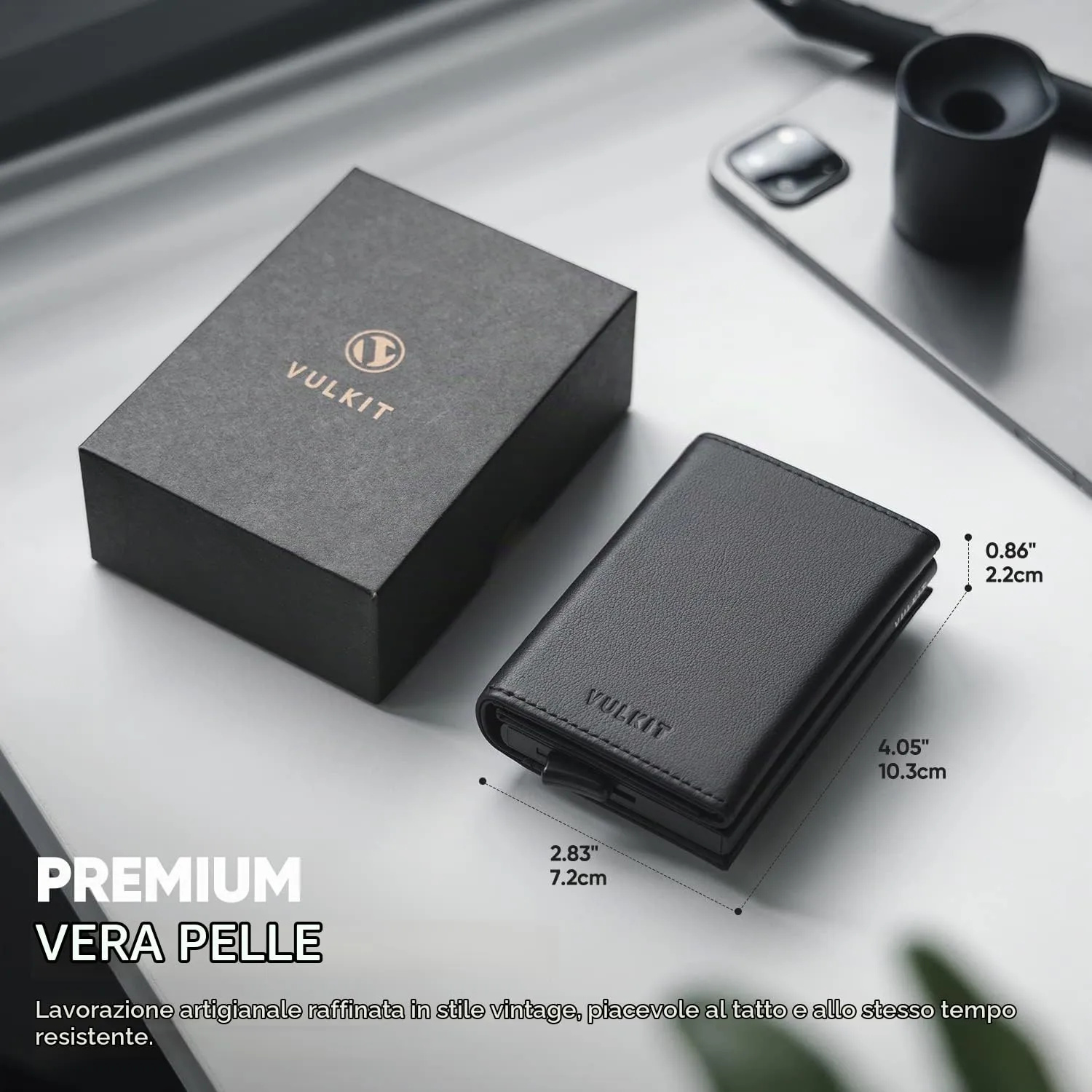 VULKIT Portafoglio da Uomo Porta Carte di Credito Porta Carte Pop-up Vera Pelle Bovina Top-Grain Blocco RFID con Scomparto Banconote, Finestra ID e Chiusura Magnetica - immagine 2