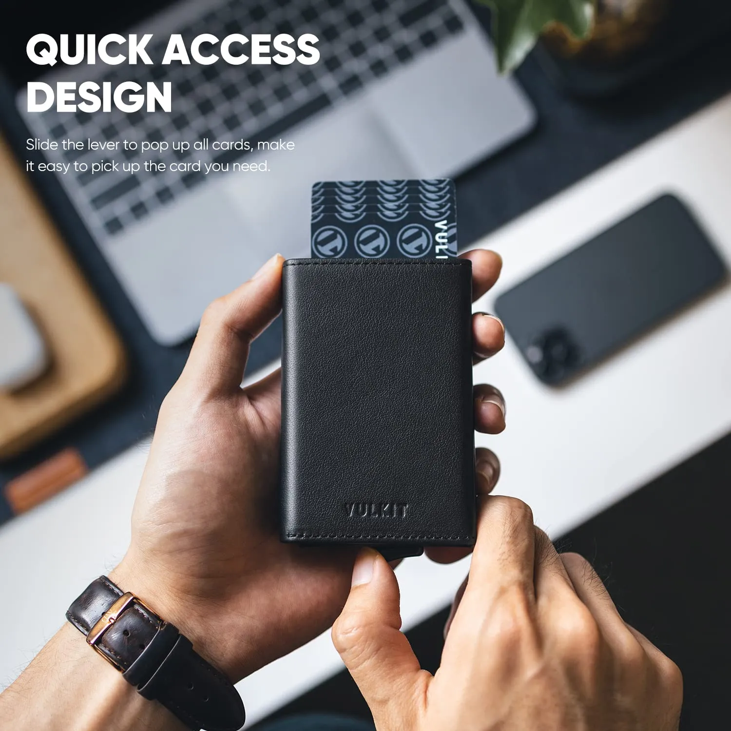 VULKIT Portafoglio da Uomo Porta Carte di Credito Porta Carte Pop-up Vera Pelle Bovina Top-Grain Blocco RFID con Scomparto Banconote, Finestra ID e Chiusura Magnetica - immagine 3