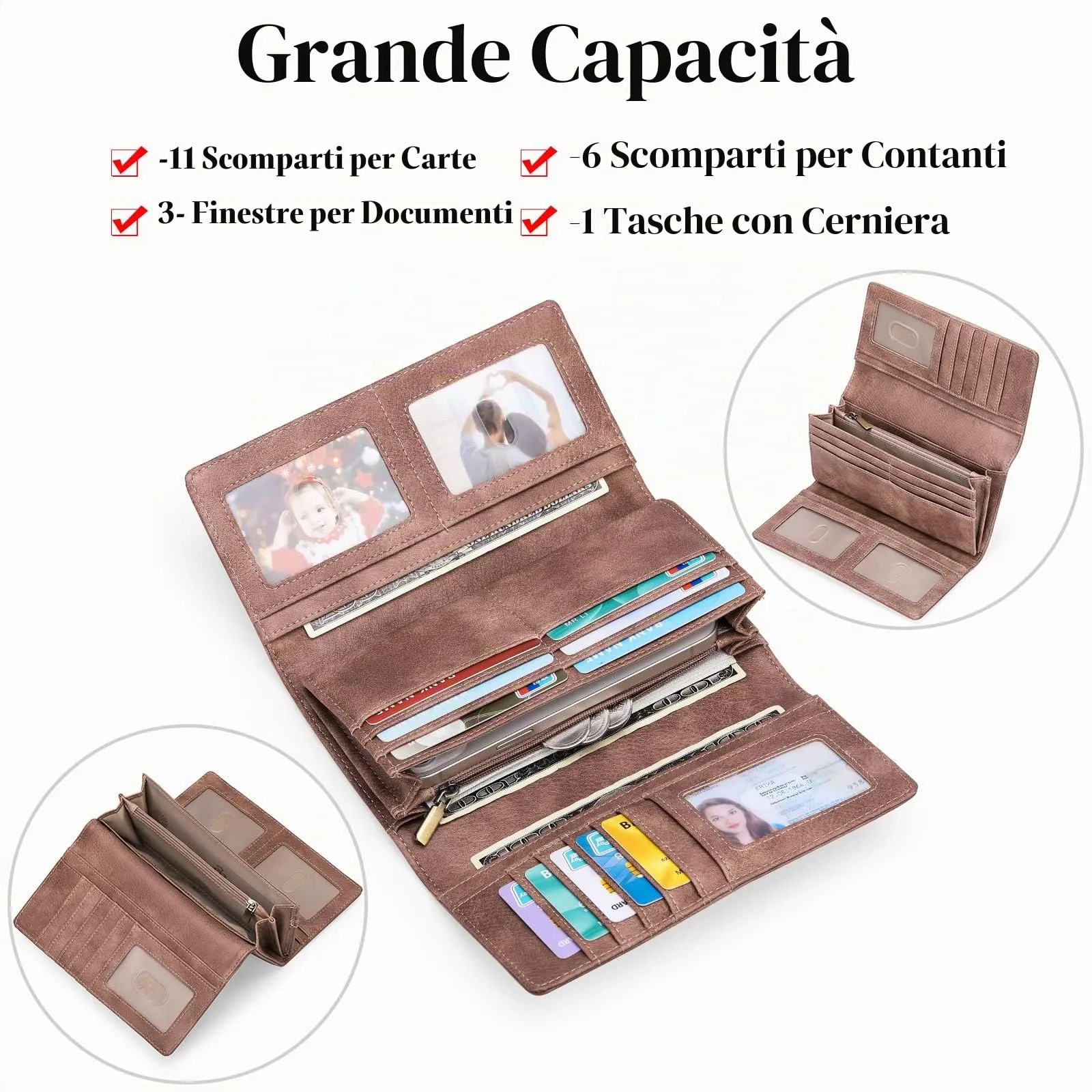 GOIACII Portafoglio Donna Pelle Grande Capacità RFID Blocco con Portamonete Cerniera - immagine 3