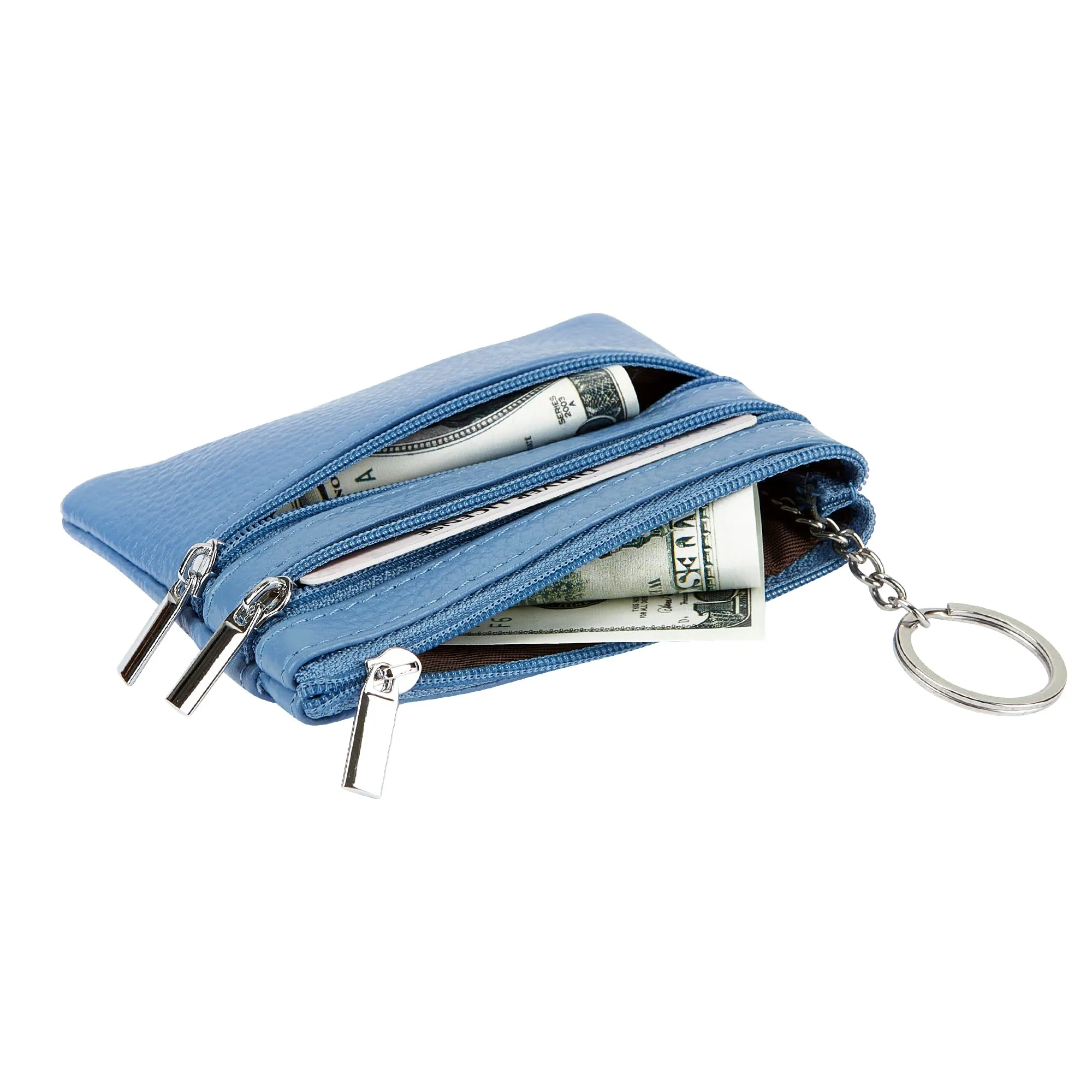 Borsa in vera pelle da donna con portachiavi, azzurro cielo, Taglia unica, Portamonete - immagine 3
