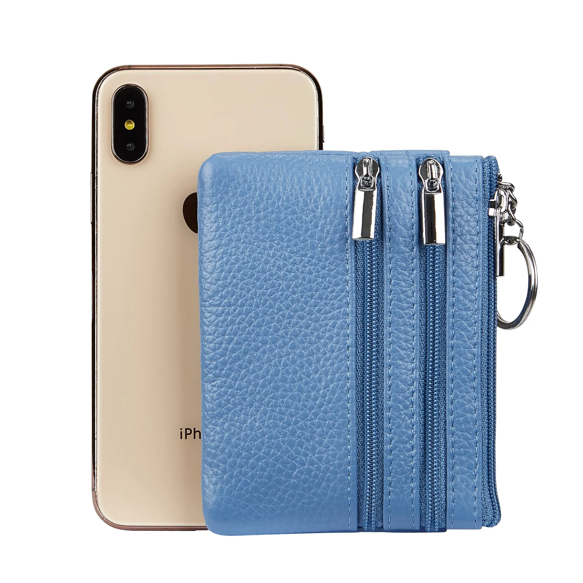 Borsa in vera pelle da donna con portachiavi, azzurro cielo, Taglia unica, Portamonete - immagine 6