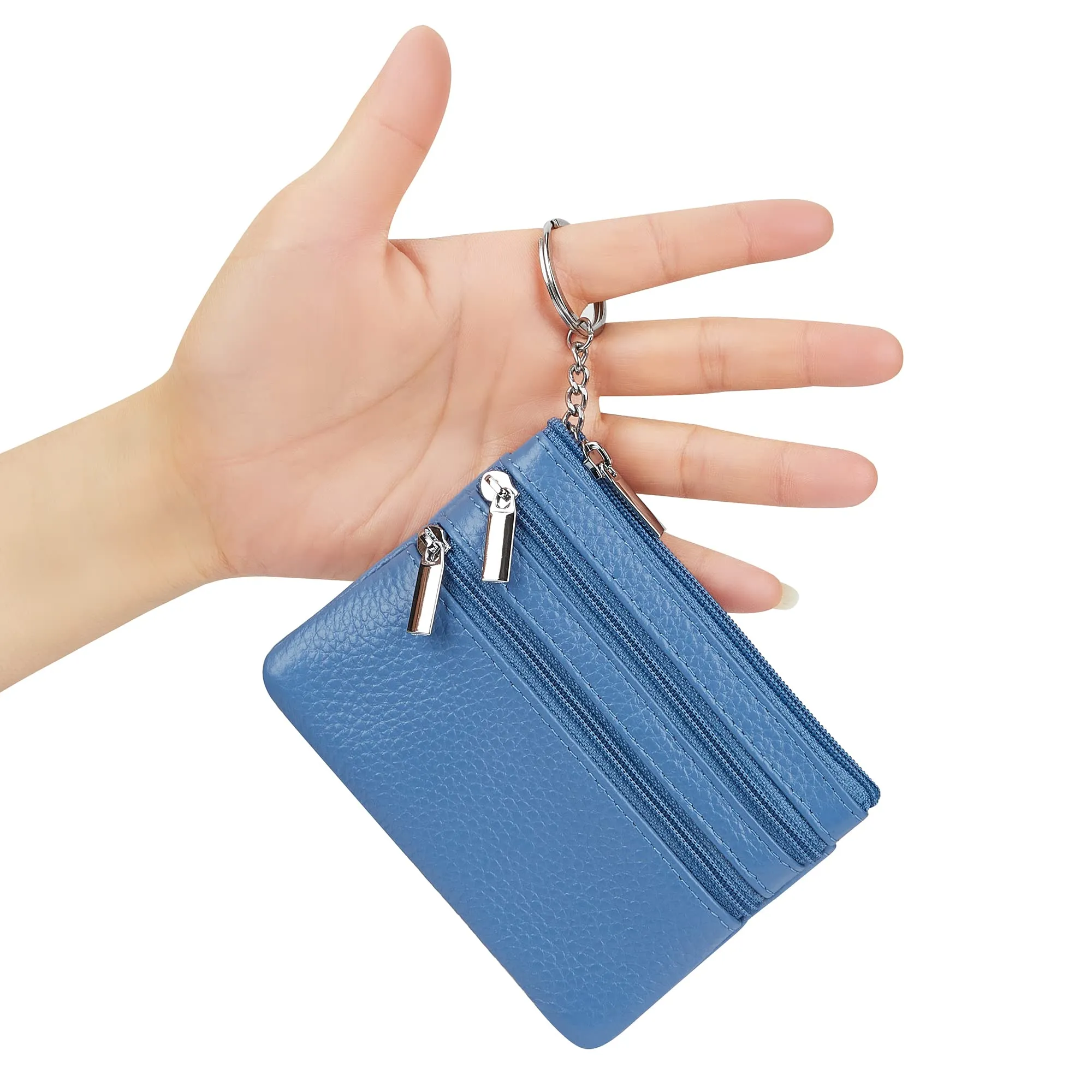 Borsa in vera pelle da donna con portachiavi, azzurro cielo, Taglia unica, Portamonete - immagine 7