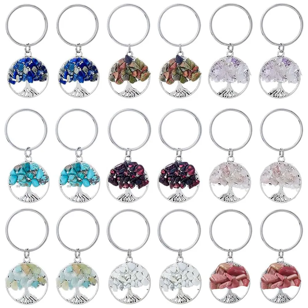 SUPERFINDINGS 18pz 9Stili Albero della Vita Portachiavi Pietra di Cristallo Naturale Fatti A Mano Fai da Te Portachiavi Pendente Fascino della Pietra Preziosa - immagine 1