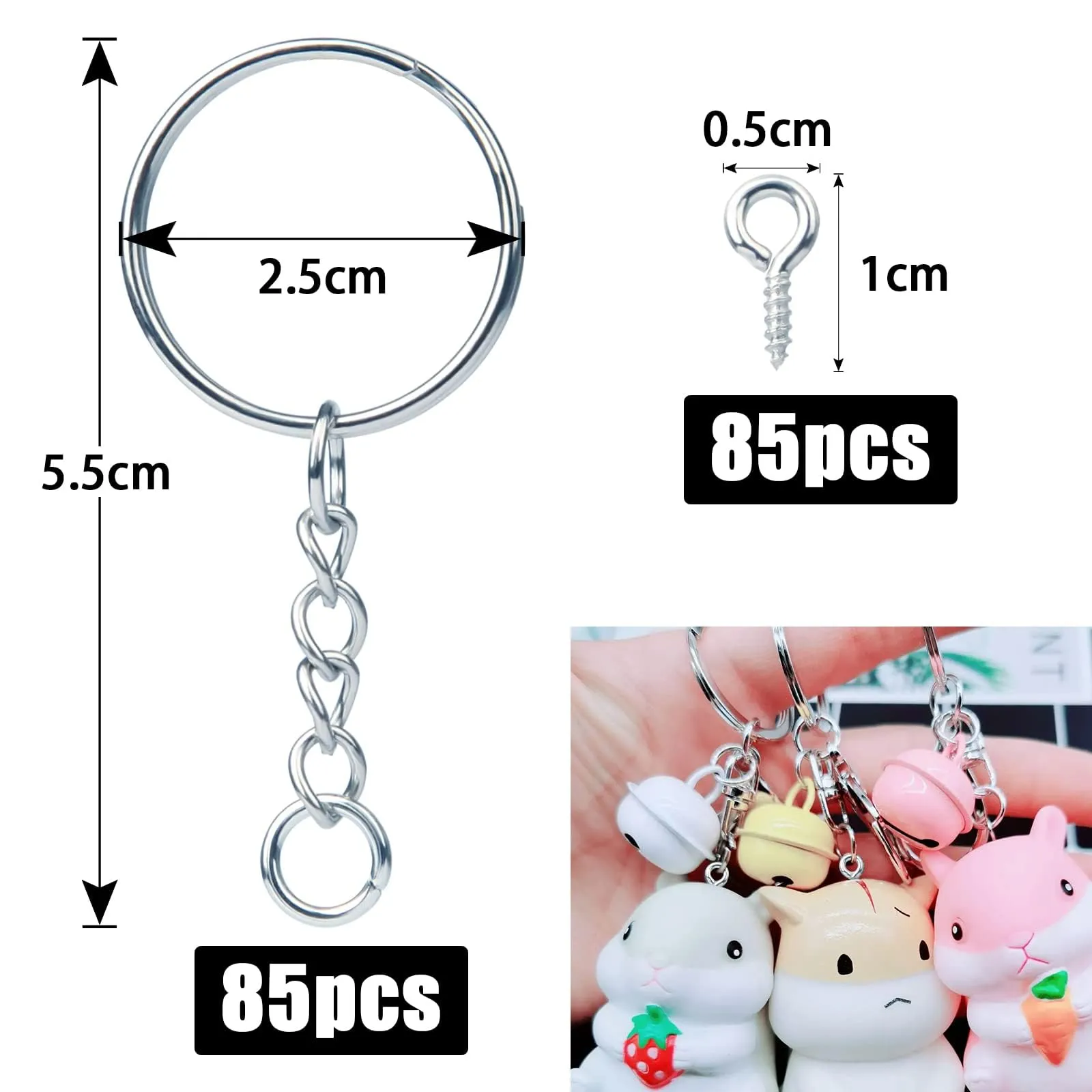 170 Pezzi Anelli Portachiavi 25 mm Anello Ganci per Portachiavi Anelli per Portachiavi fai da te 85 Gancetti Portachiavi Catena con 85 Vite Occhielli Anelli Aperti per Gioielli Argento - immagine 2