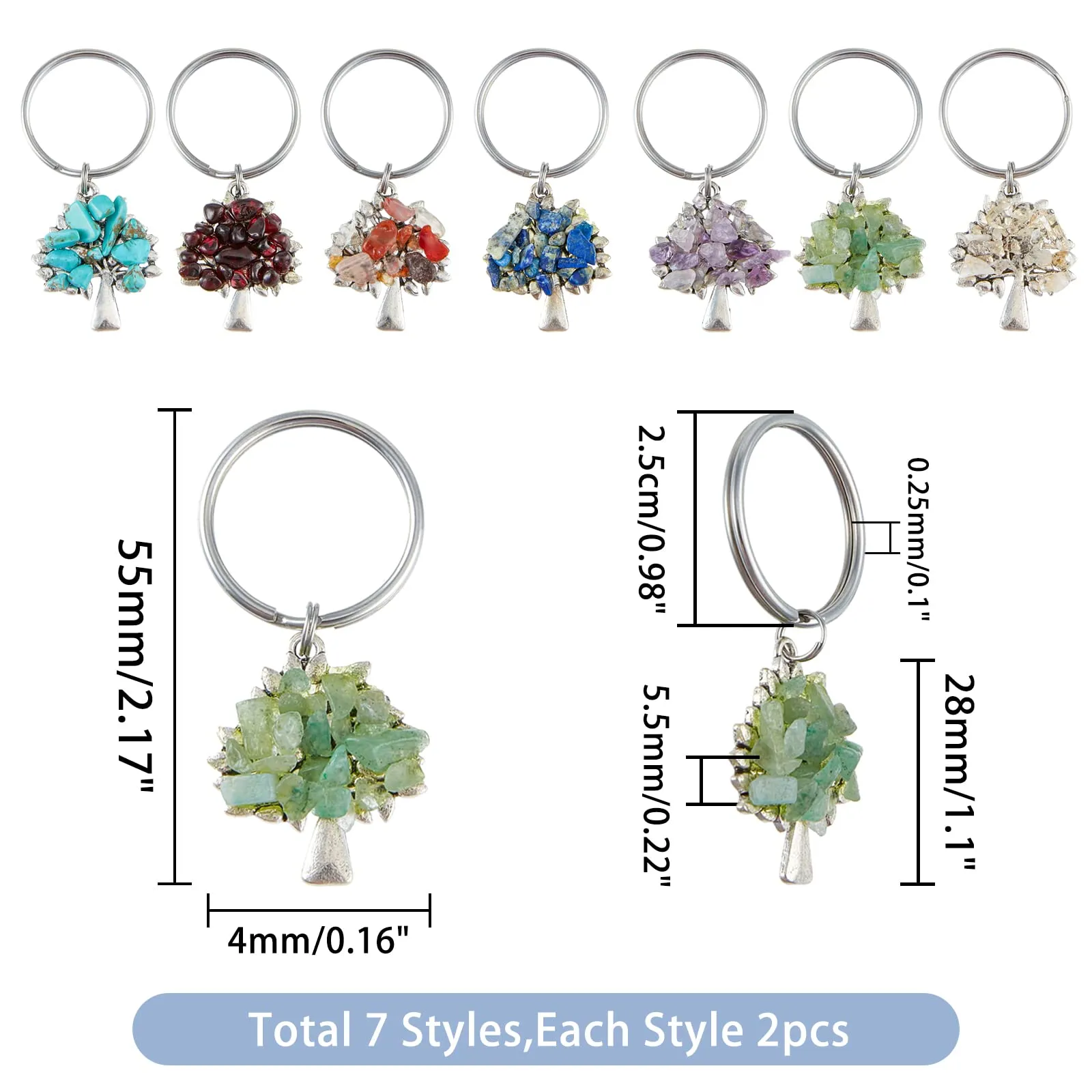 SUPERFINDINGS 14Pz 7 Stili Albero Della Vita Portachiavi Chip Gemma Portachiavi Pietra di Cristallo Naturale Ciondolo Fai-Da-Te Fatto A Mano con Diviso In Acciaio Inossidabile - immagine 2