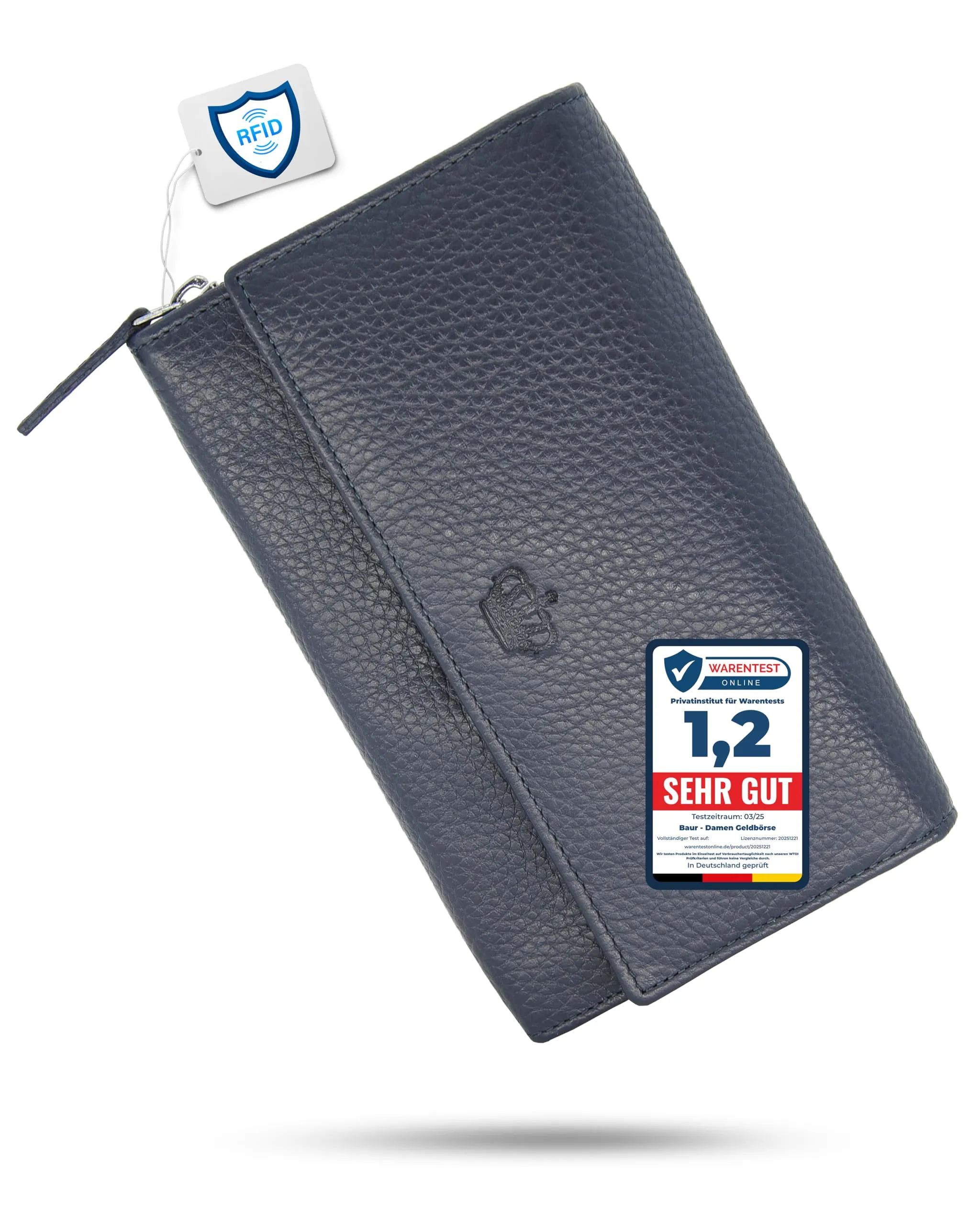 Baur portafoglio da donna XXL – vera pelle con protezione RFID – portafoglio extra grande con 18 scomparti per carte – chiusura a bottone a pressione & tasca portamonete con cerniera (Blu scuro) - immagine 1