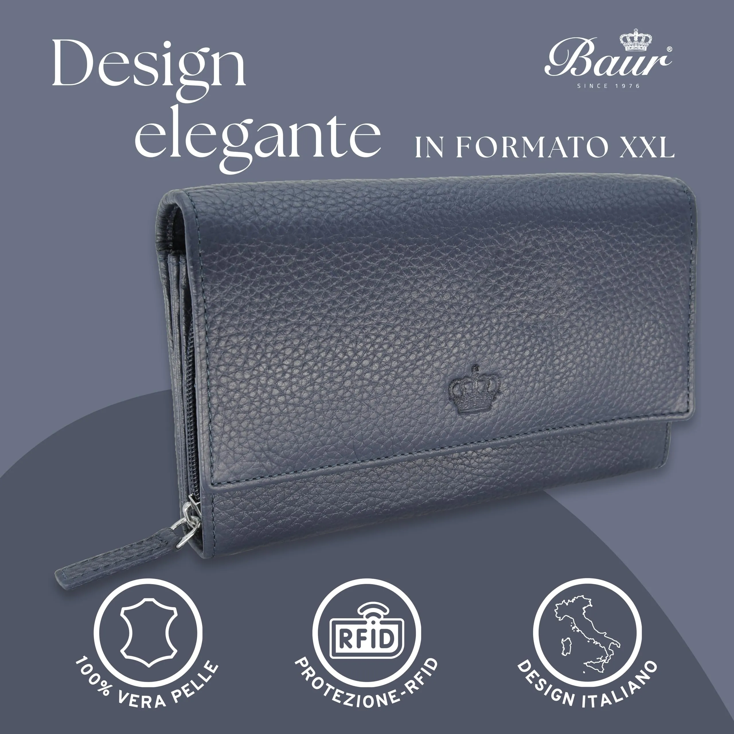 Baur portafoglio da donna XXL – vera pelle con protezione RFID – portafoglio extra grande con 18 scomparti per carte – chiusura a bottone a pressione & tasca portamonete con cerniera (Blu scuro) - immagine 2