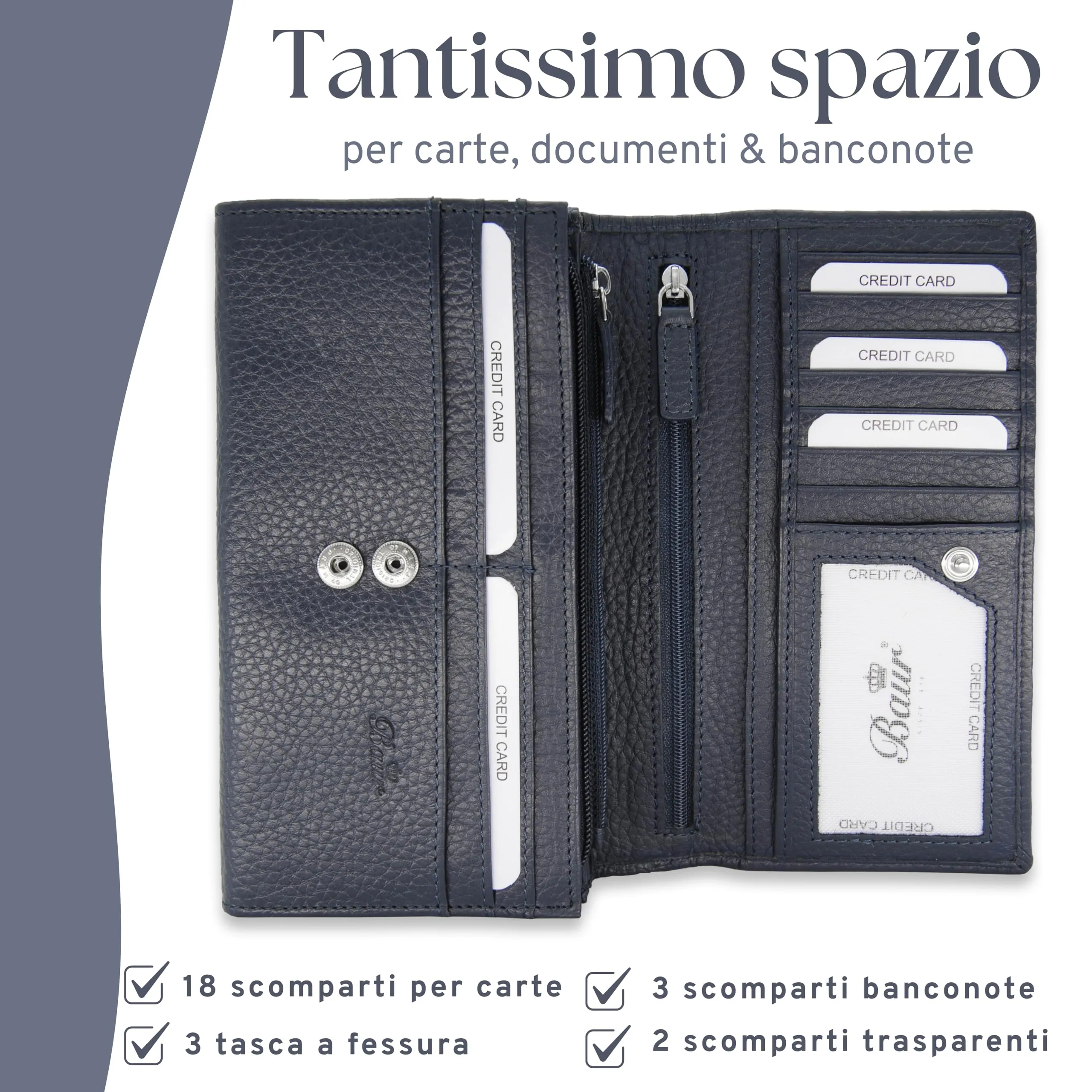 Baur portafoglio da donna XXL – vera pelle con protezione RFID – portafoglio extra grande con 18 scomparti per carte – chiusura a bottone a pressione & tasca portamonete con cerniera (Blu scuro) - immagine 4
