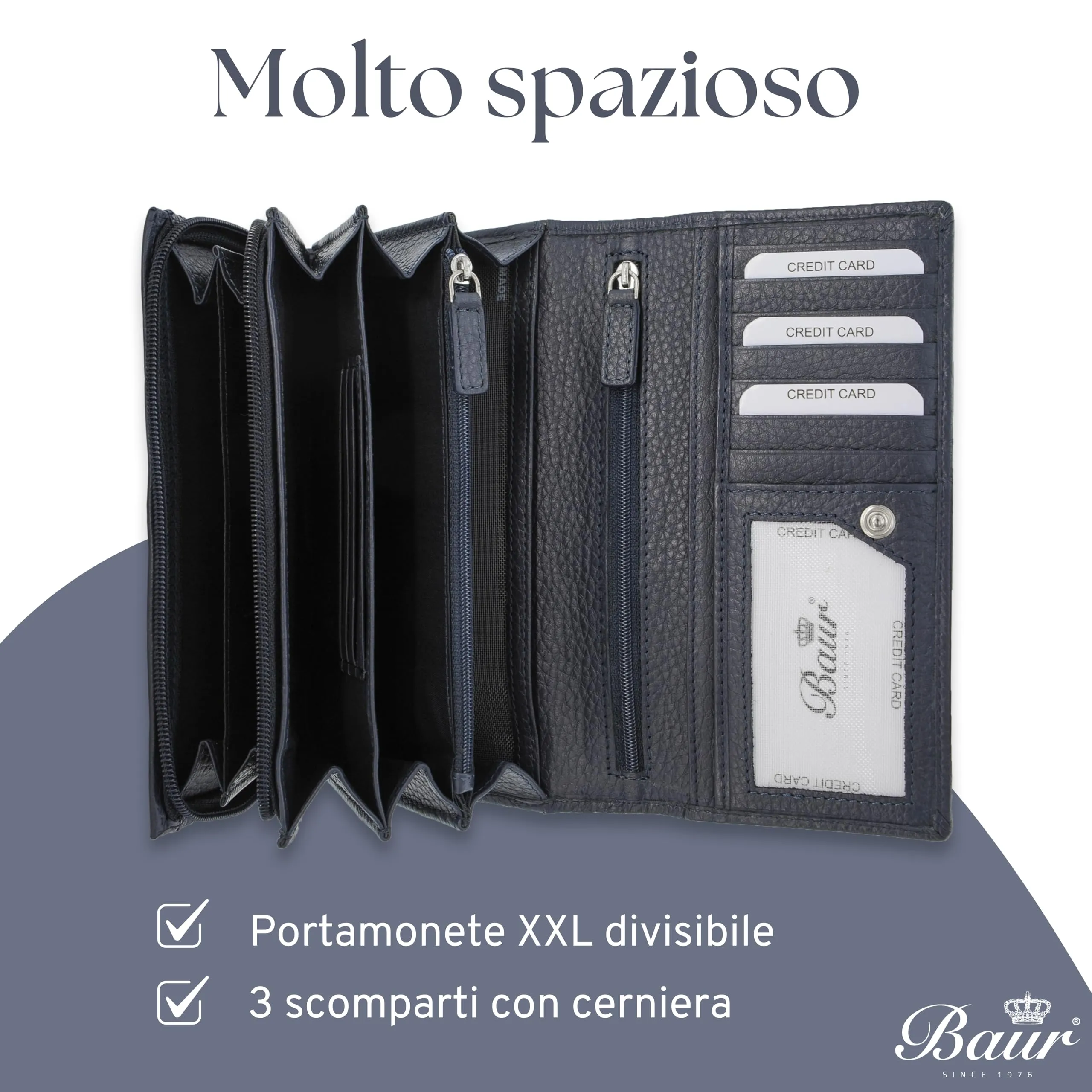 Baur portafoglio da donna XXL – vera pelle con protezione RFID – portafoglio extra grande con 18 scomparti per carte – chiusura a bottone a pressione & tasca portamonete con cerniera (Blu scuro) - immagine 5