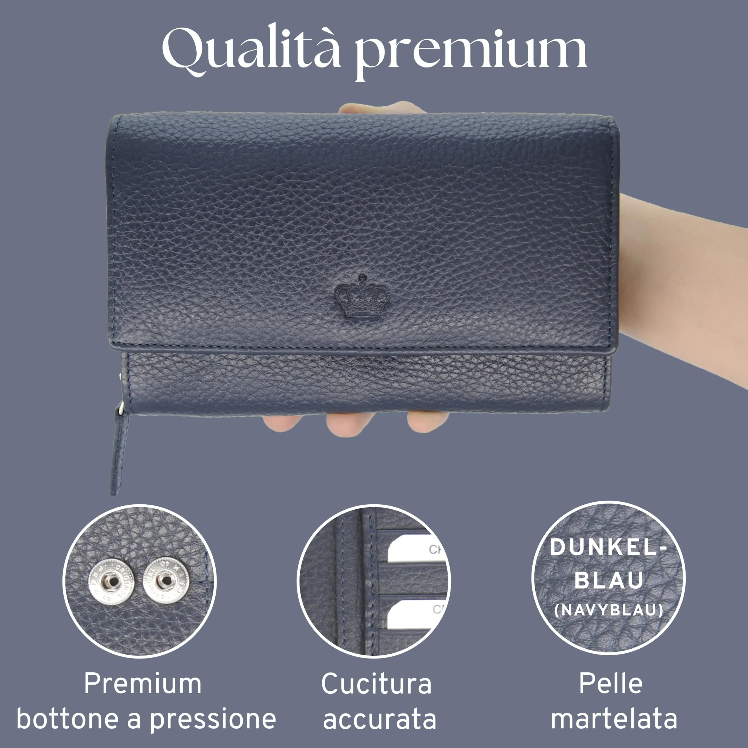 Baur portafoglio da donna XXL – vera pelle con protezione RFID – portafoglio extra grande con 18 scomparti per carte – chiusura a bottone a pressione & tasca portamonete con cerniera (Blu scuro) - immagine 6