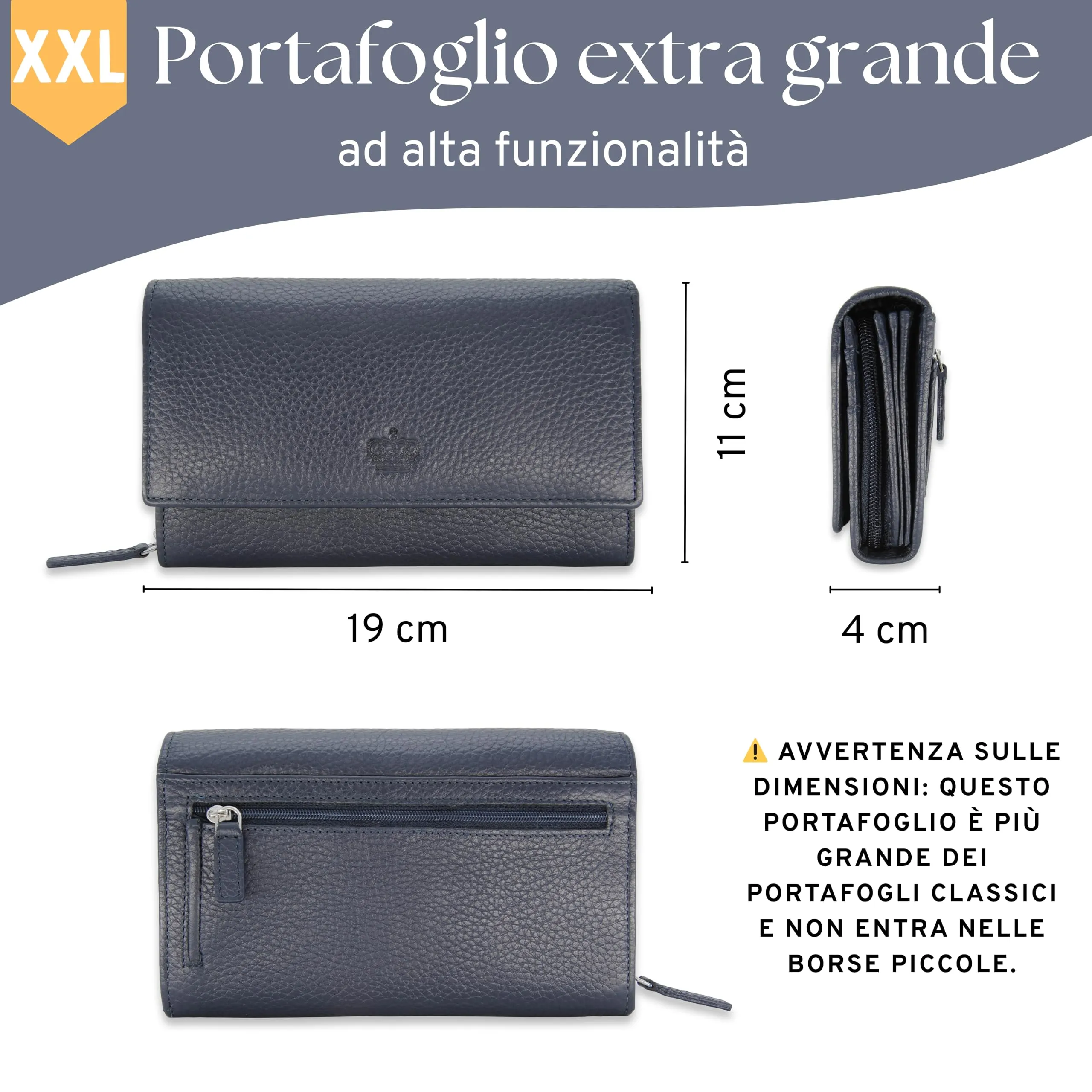 Baur portafoglio da donna XXL – vera pelle con protezione RFID – portafoglio extra grande con 18 scomparti per carte – chiusura a bottone a pressione & tasca portamonete con cerniera (Blu scuro) - immagine 7
