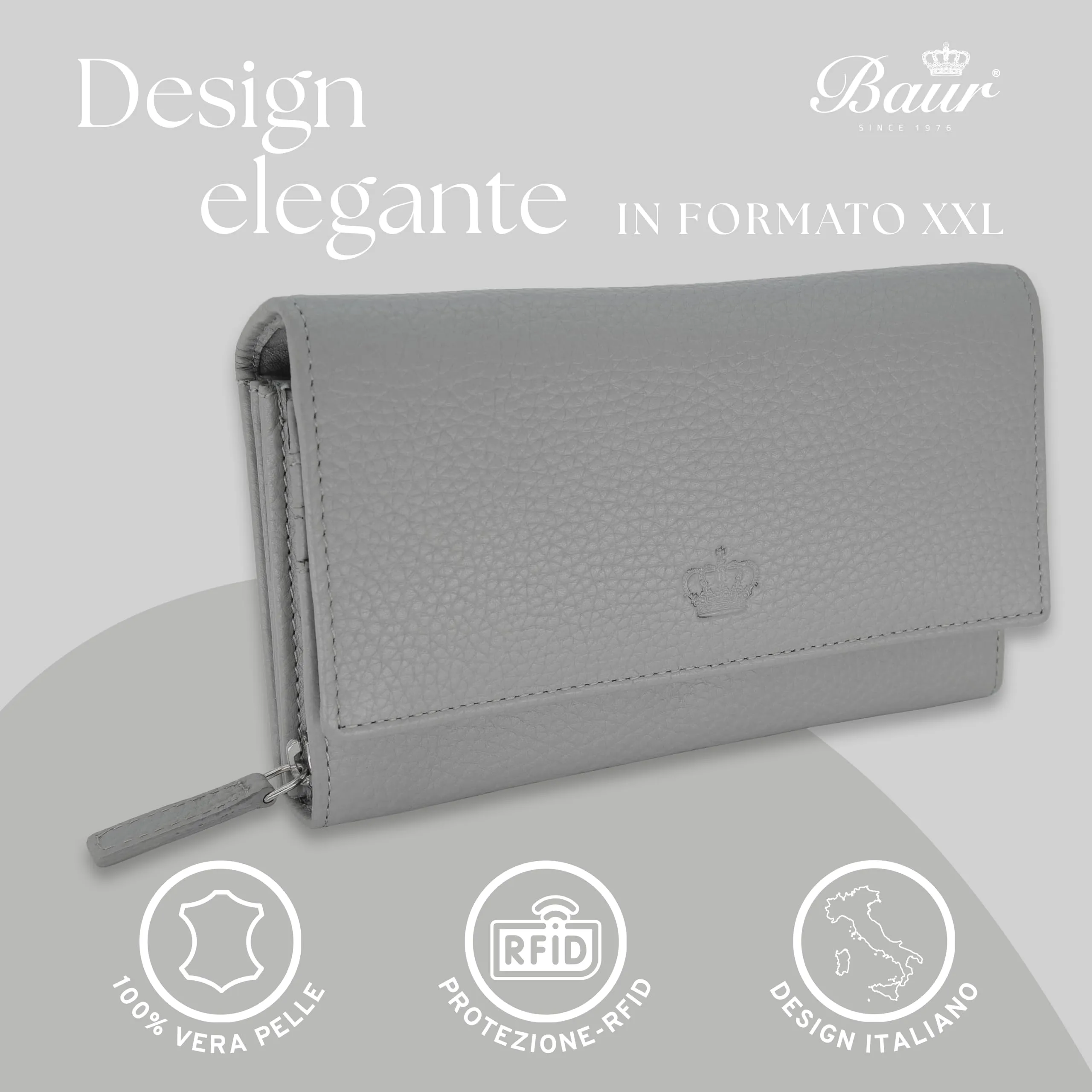 Baur portafoglio da donna XXL – vera pelle con protezione RFID – portafoglio extra grande con 18 scomparti per carte – chiusura a bottone a pressione & tasca portamonete con cerniera (Grigio) - immagine 2