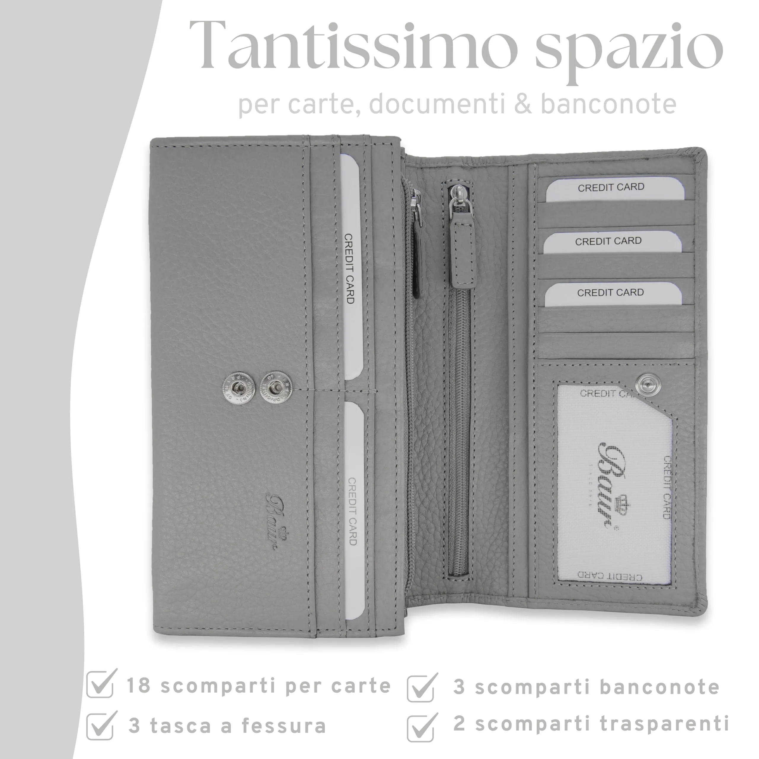 Baur portafoglio da donna XXL – vera pelle con protezione RFID – portafoglio extra grande con 18 scomparti per carte – chiusura a bottone a pressione & tasca portamonete con cerniera (Grigio) - immagine 4