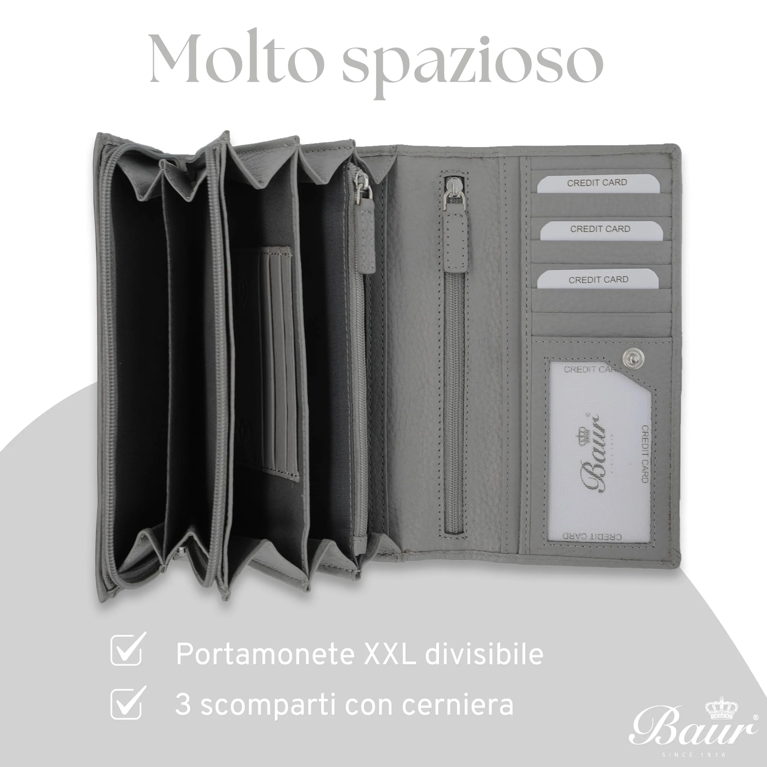 Baur portafoglio da donna XXL – vera pelle con protezione RFID – portafoglio extra grande con 18 scomparti per carte – chiusura a bottone a pressione & tasca portamonete con cerniera (Grigio) - immagine 5